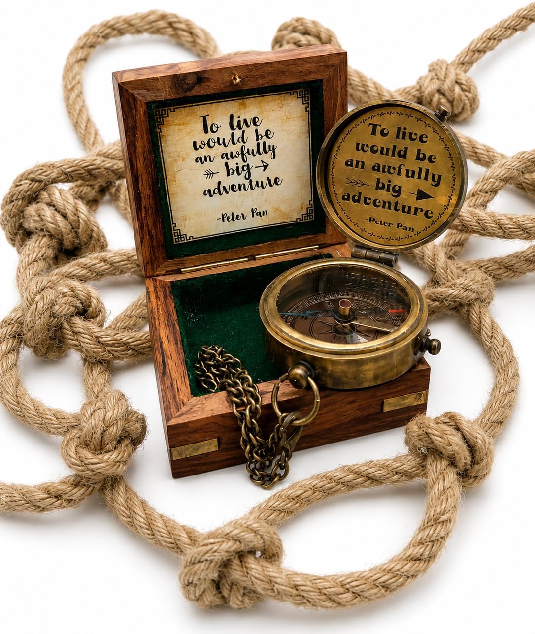 to Live Would Be an Awfully Big Adventure Antique Nautical Vintage Inspirational Quote Engraved Compass with Wooden Box Scripture - Peter PAN, Camping Compass, Graduation Day, Baptism Gift, Lovers.
