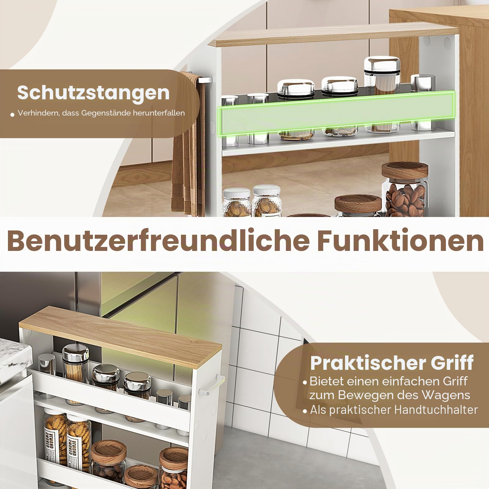 FANTASK Nischenwagen 13cm breit, Küchenregal auf Rollen mit Griff & Geländern, 4 Etagen Nischenwagen, Badregal platzsparend für Küche, Badezimmer, 47,5x13x80,5cm (Weiß+Natur)