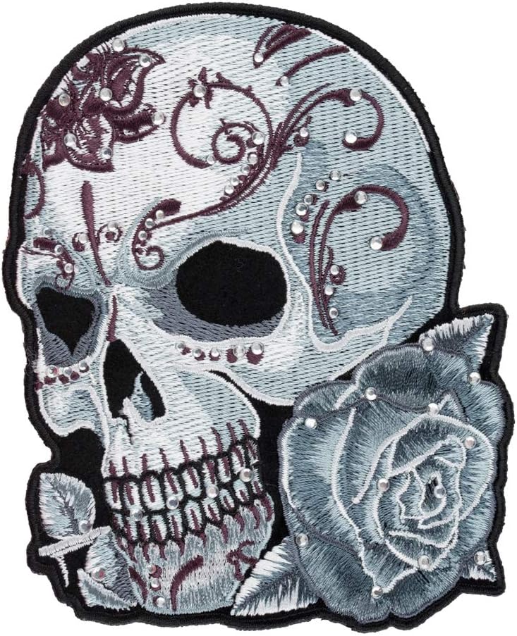 PatchStop Sugar Skull Rhinestones Gray Purple Iron On Patches for Clothing Jeans - 7x9in Large DIY Sew On Patch for Jackets Bags - Embroidered Decorative Candy Skull Ladies Patches