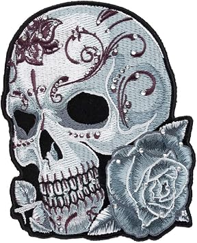 PatchStop Sugar Skull Rhinestones Gray Purple Iron On Patches for Clothing Jeans - 4x5in Medium DIY Sew On Patch for Jackets Bags - Embroidered Decorative Candy Skull Ladies Patches