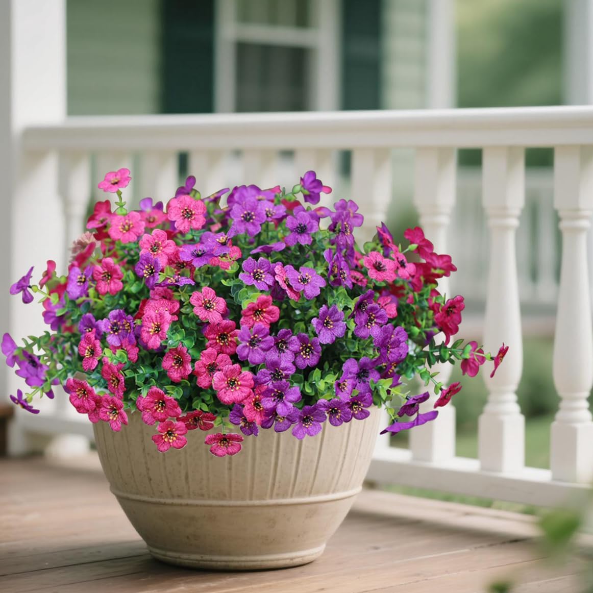 Artificial Flowers for Outdoors, Fake Faux Plants Outside Realistic Spring Summer Decor, UV Resistant Silk Flowers for Home Porch Garden (8, Purple Rose-red) - Image 3