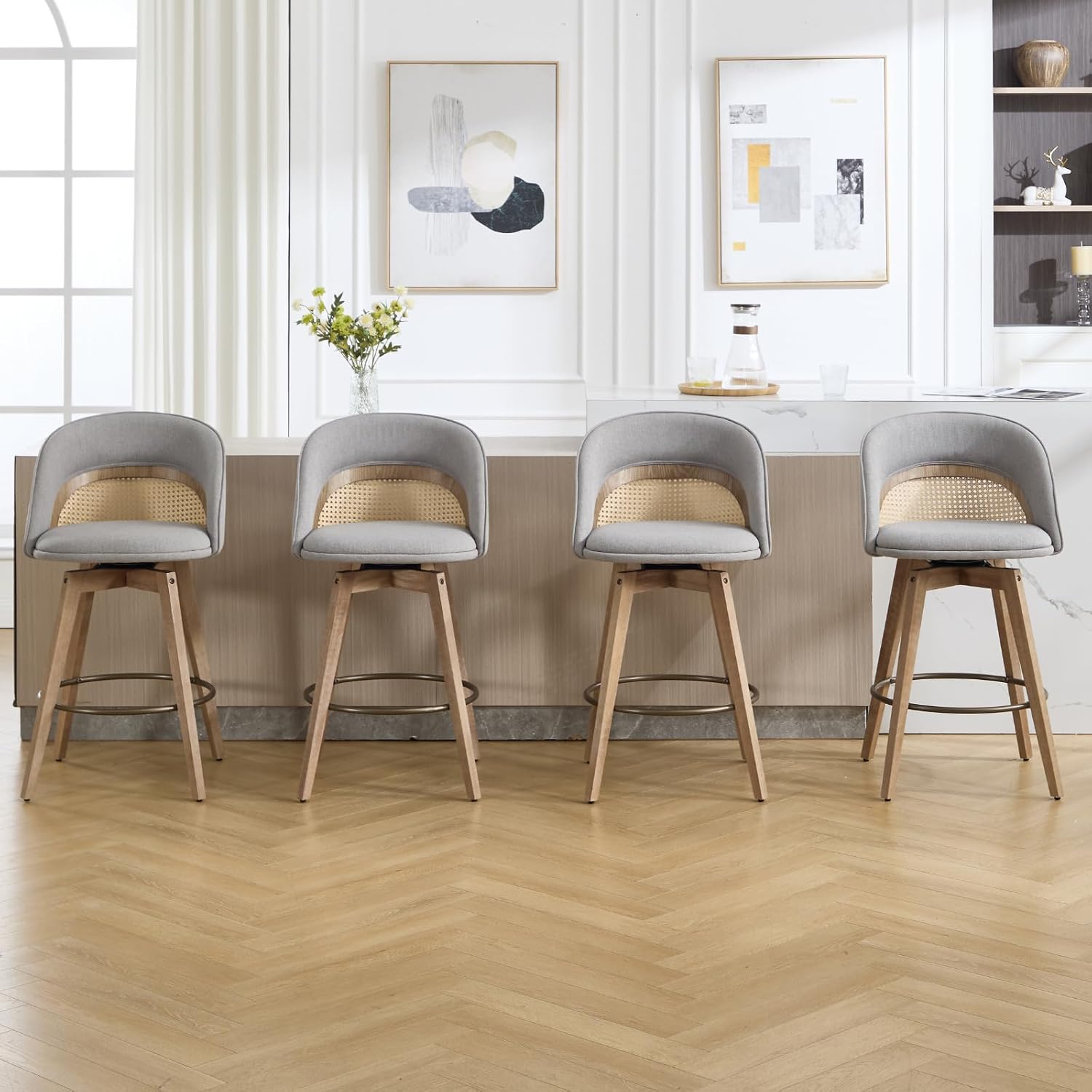 Ya-Home Modern Swivel Bar Stools Set of 2, 26.5" Counter Height Barstools Linen Upholstered Counter Stools with Curved Back/Bronze Metal Footrest Bar Chairs for Kitchen Island/Home Bar, Grey