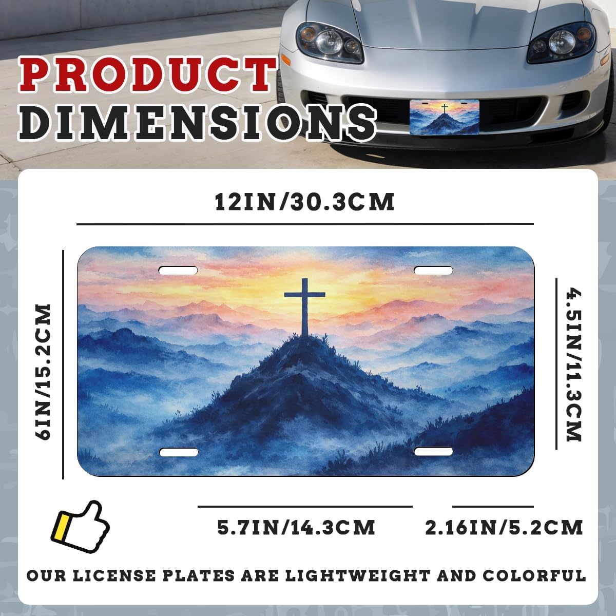 Cross Mountain Sunset License Plate Christian Landscape Faith Heaven Aesthetic Art Car Decorative License Plates Aluminum Metal Accessory Novelty Vanity Tag Cover with 4 Holes for Men Women 6" X 12" image 2