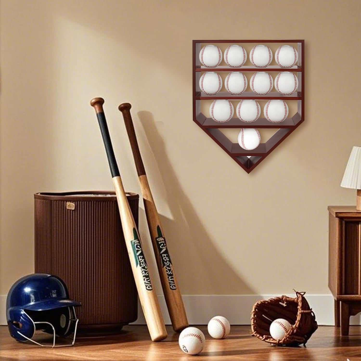 Baseball Display Case & Holder for 12 Balls - Cherry Wooden Shelves | Autographed Baseball Collector Case, Sports Memorabilia Display
