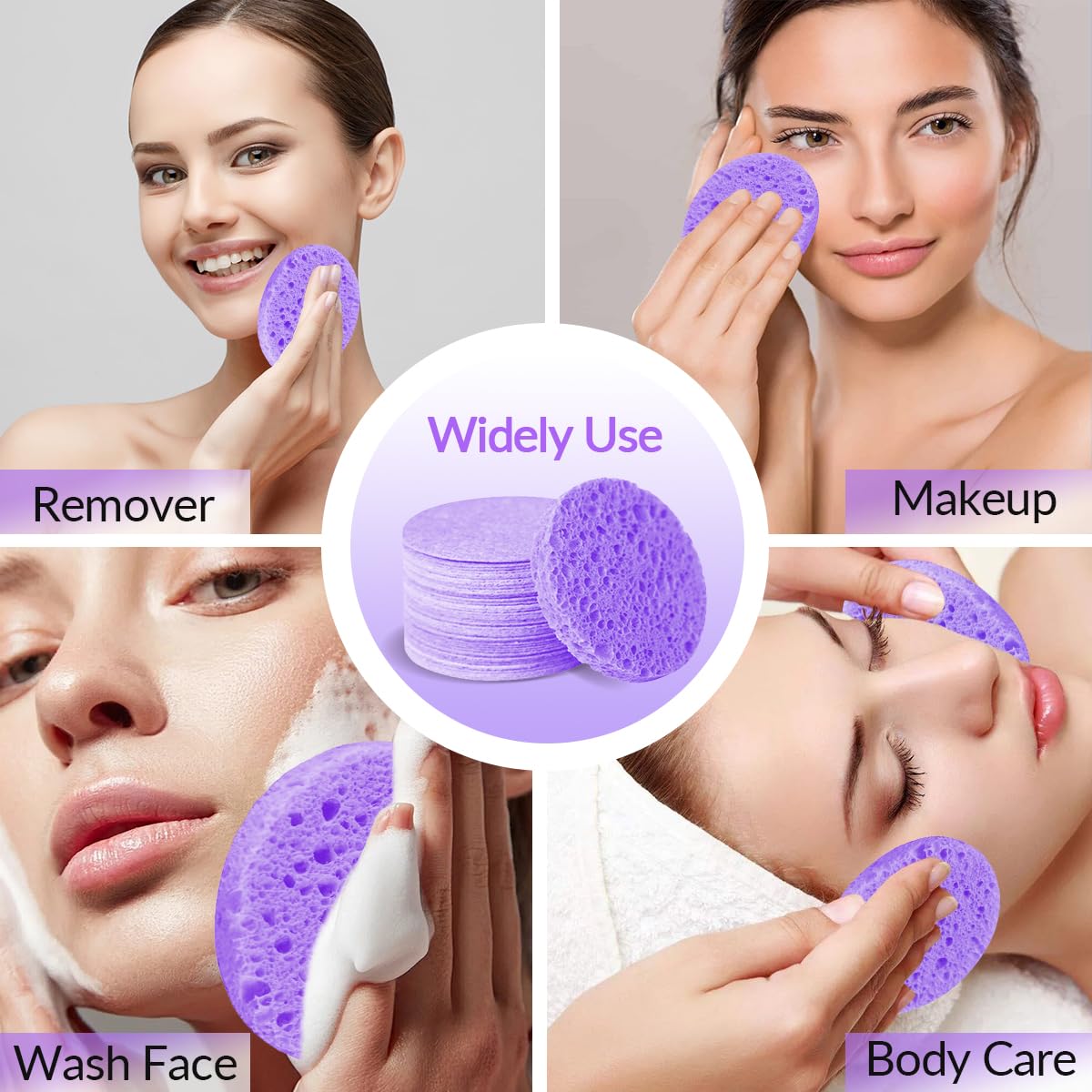 100-Count Facial Sponges Compressed Natural Cellulose Sponge Round Shape Face Sponge for Face Cleansing Exfoliating and Makeup Removal, Purple image 4