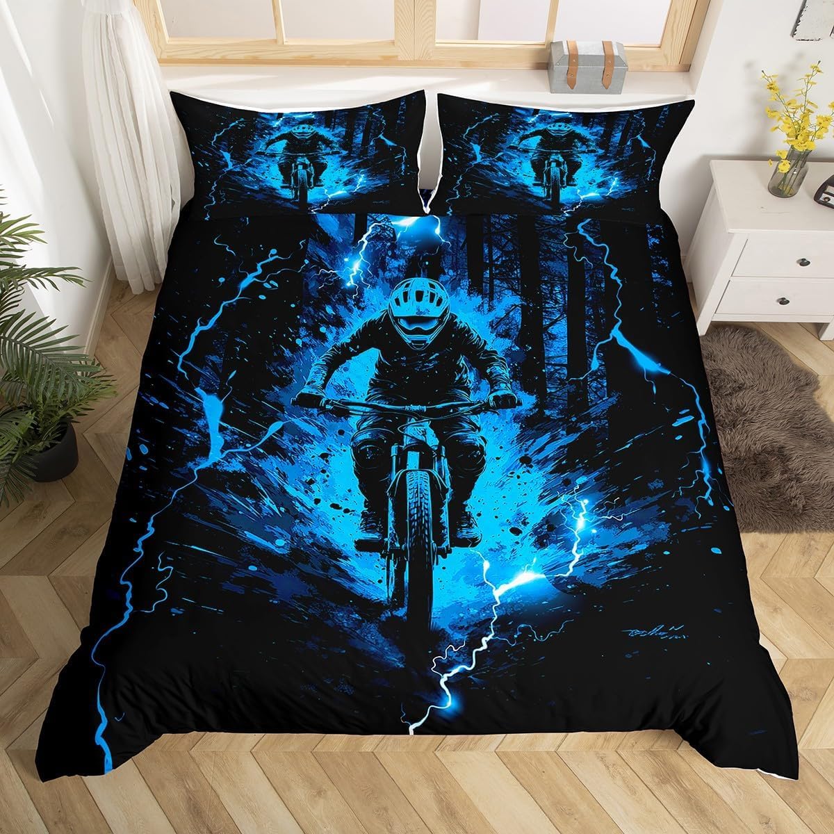 Loussiesd Dirt Bike Kids Bedding Set,Boys Girls Cot Size,Extreme Sports Duvet Cover Set,Racing Motocross Ultra Soft Motorbike Duvet Cover with 1 Pillowcase,Motorcycle Bedroom Decor Blue — image 1