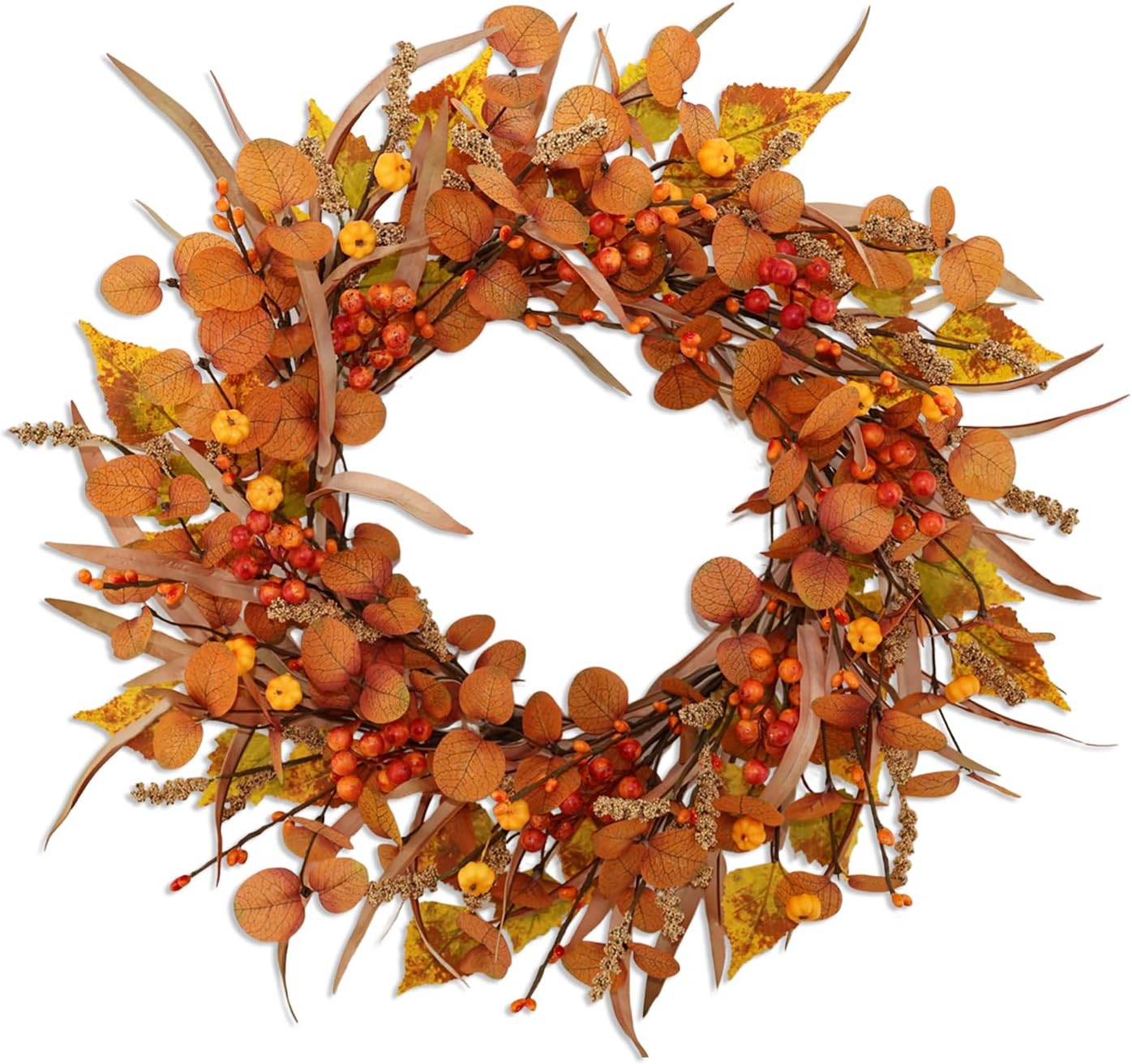 Fall Wreaths For Front Door 22 Inch Artificial Autumn Wreath with Eucalyptus leaves、Pumpkin、Red berries、Fall leaves suitable for Indoor Outdoor Porch Harvest Festival Thanksgiving Day Farmhouse Decor.