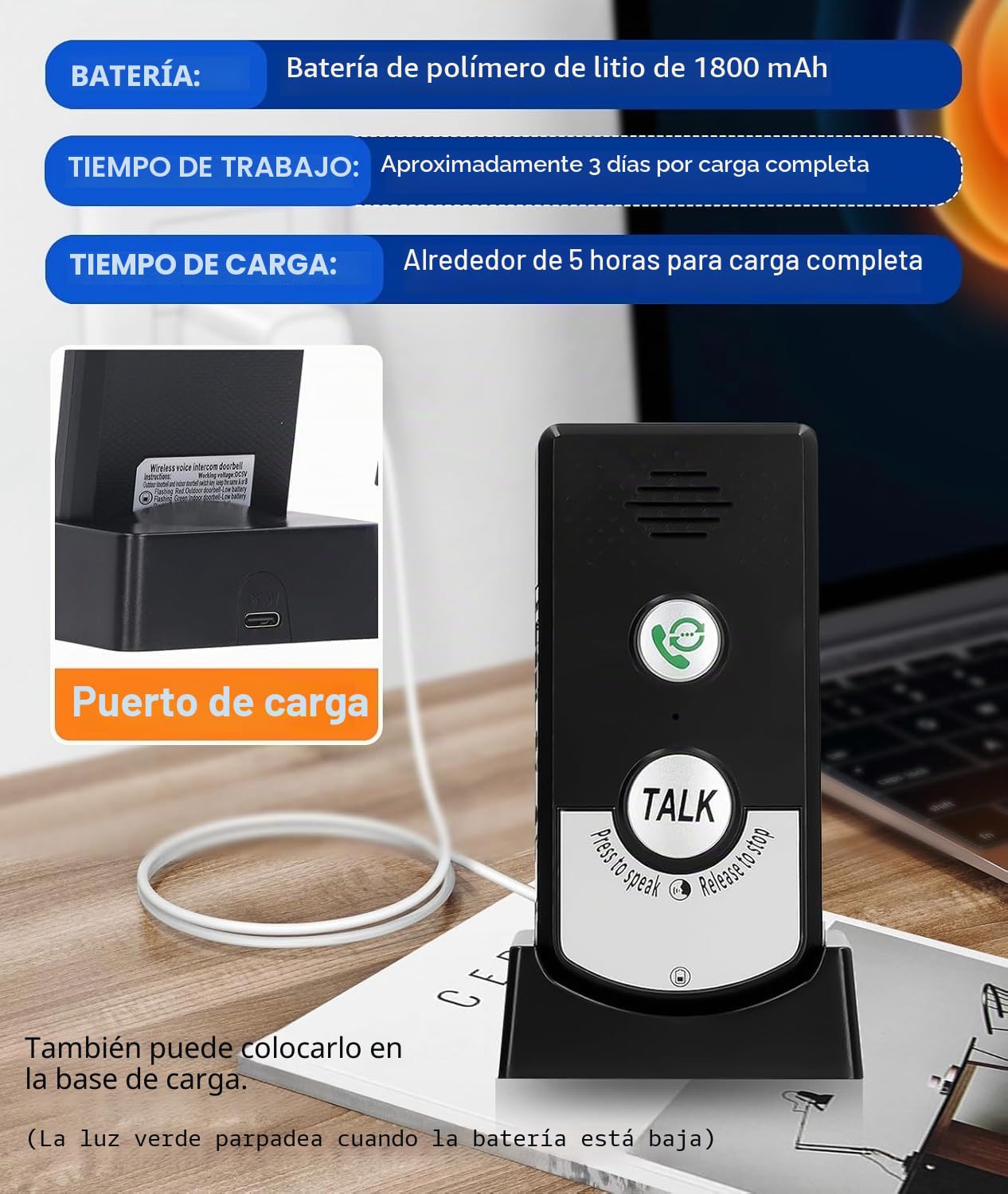 Intercomunicador Inalámbrico de 2 Vías, 1000 m Alcance/50m Paredes, Timbre de Interfono de Voz Bidireccional, H8 Intercomunicador Casa Inteligente, Recargable, para Hogar Oficina Taller