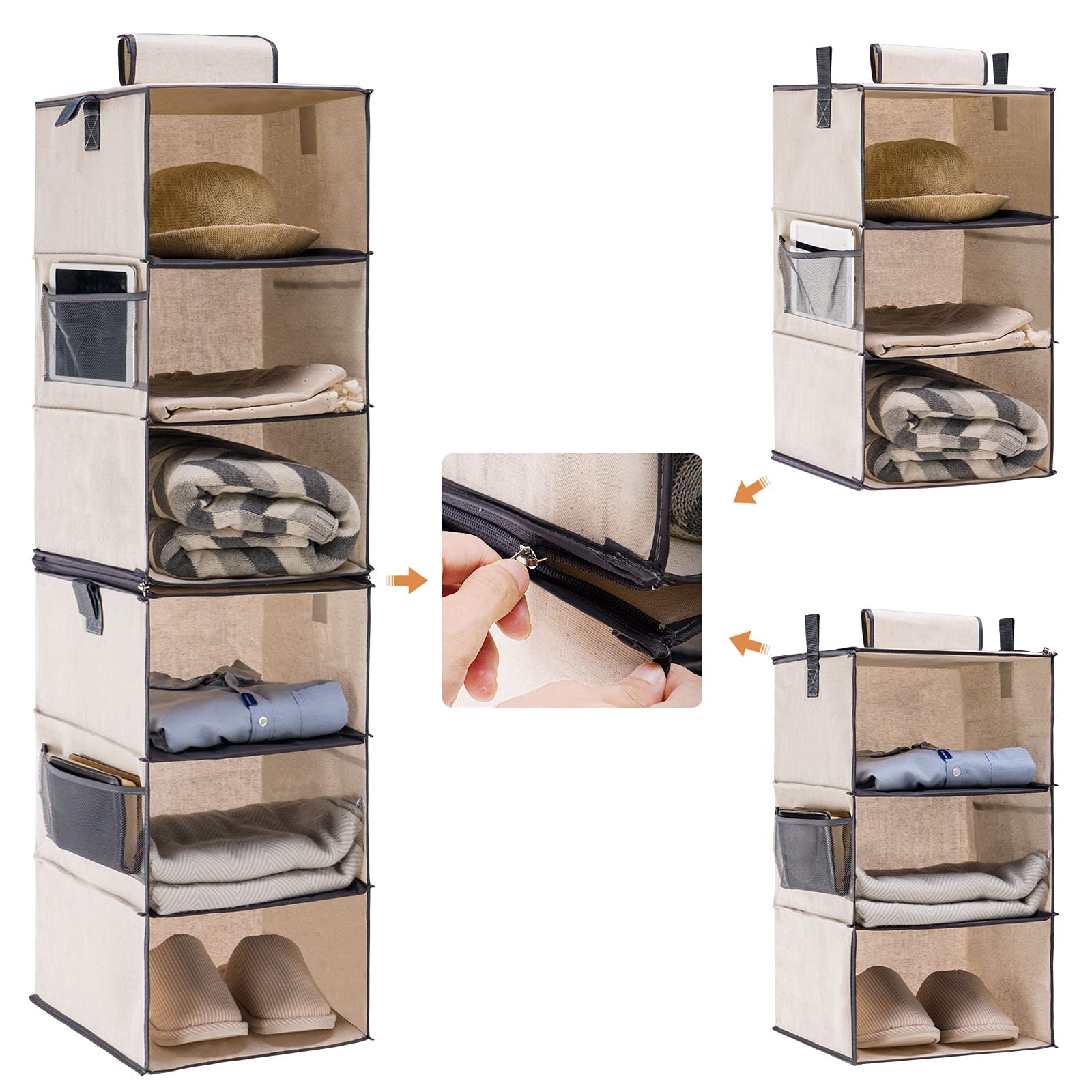 YOUDENOVA Hängeschrank-Organizer mit 6 Ablagen, zwei 3 Ebenen, teilbar, robuste Pullover-Aufbewahrung im Kleiderschrank, Segeltuch, 30,5 cm B x 30,5 cm T x 106,7 cm H, Beige