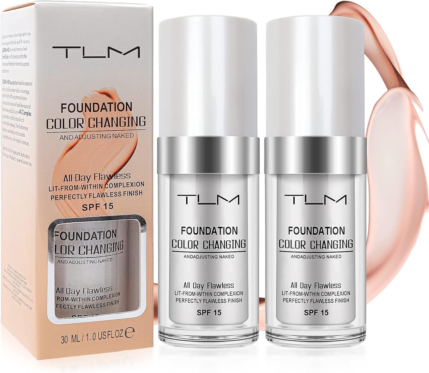 2pcs TLM Flawless Colour Changing Foundation Makeup, Base Nude Face Moisturizing Liquid Cover Concealer, Long Lasting Waterproof Concealer Cover SPF 15 for Face Makeup