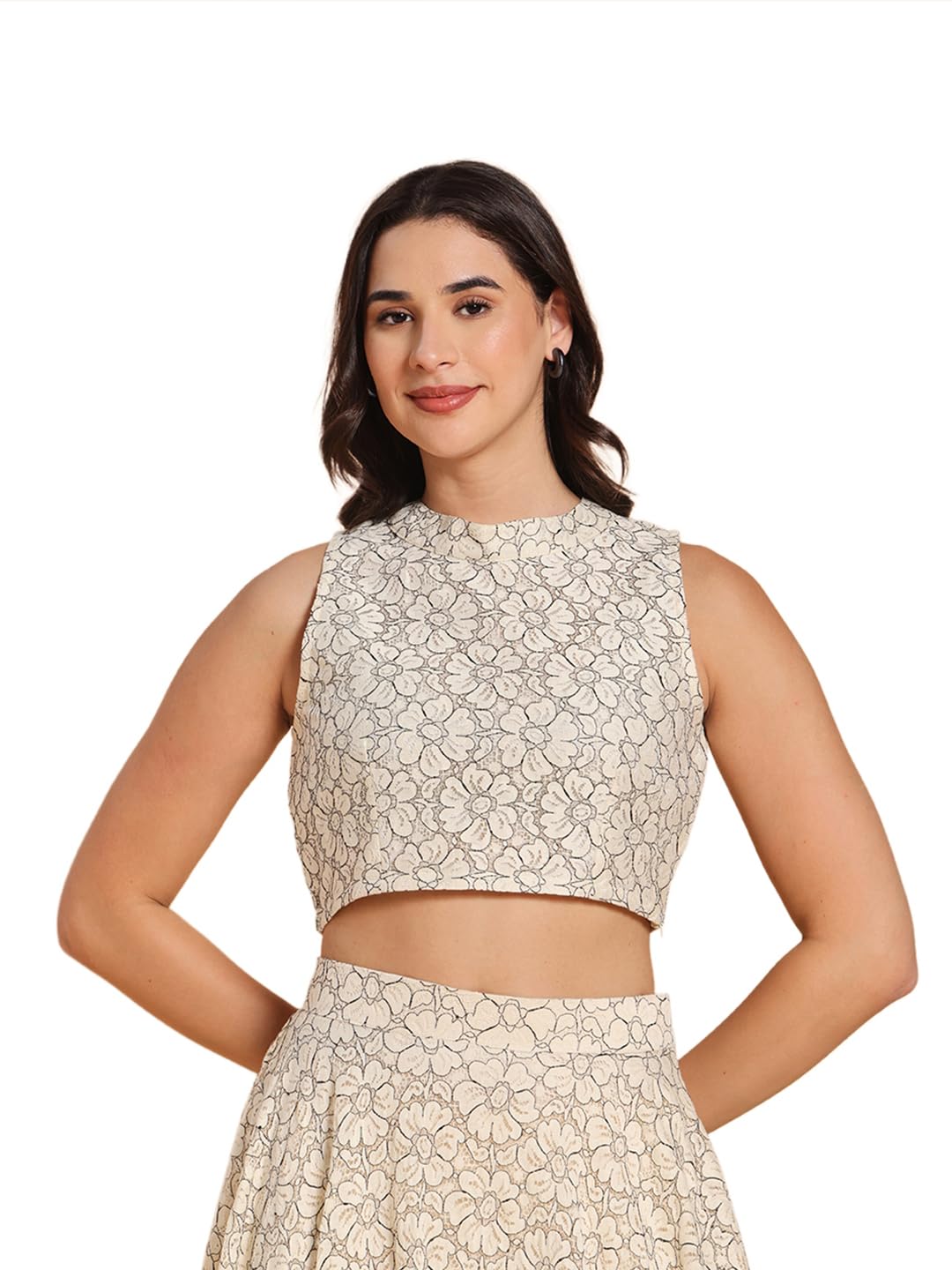 Frolic Rolic Cream Embroidered | Sleeveless | Mandarin Collar |Self Design | Net Blouse| Readymade Blouse for Women-image-44