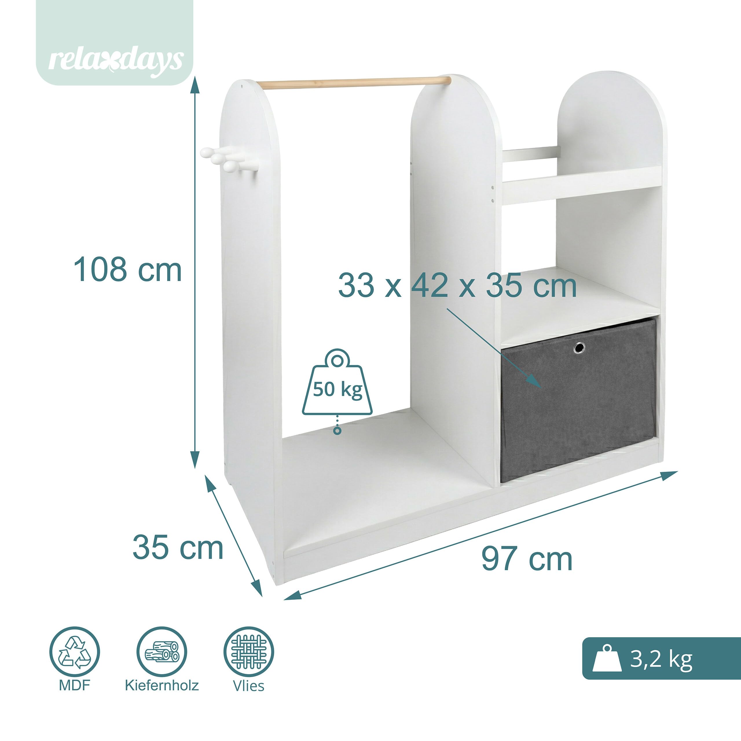 Relaxdays Kindergarderobe, 3 Haken, Kleiderstange & Aufbewahrungsbox, HxBxT: 108 x 97 x 35 cm, Kinderzimmer, weiß