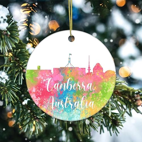 Vista 2 de Two-Side Printed Australia-Canberra Ceramic Christmas Ornament, Novelty for Family Friends Kids, Colorful City Painting Christmas Keepsake Pendants