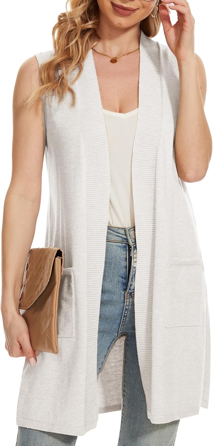 Beautiful Nomad Sleeveless Cardigans for Women Long Sweater Vest Jacket Ribbed Outerwear Coat with Pockets - Image 6