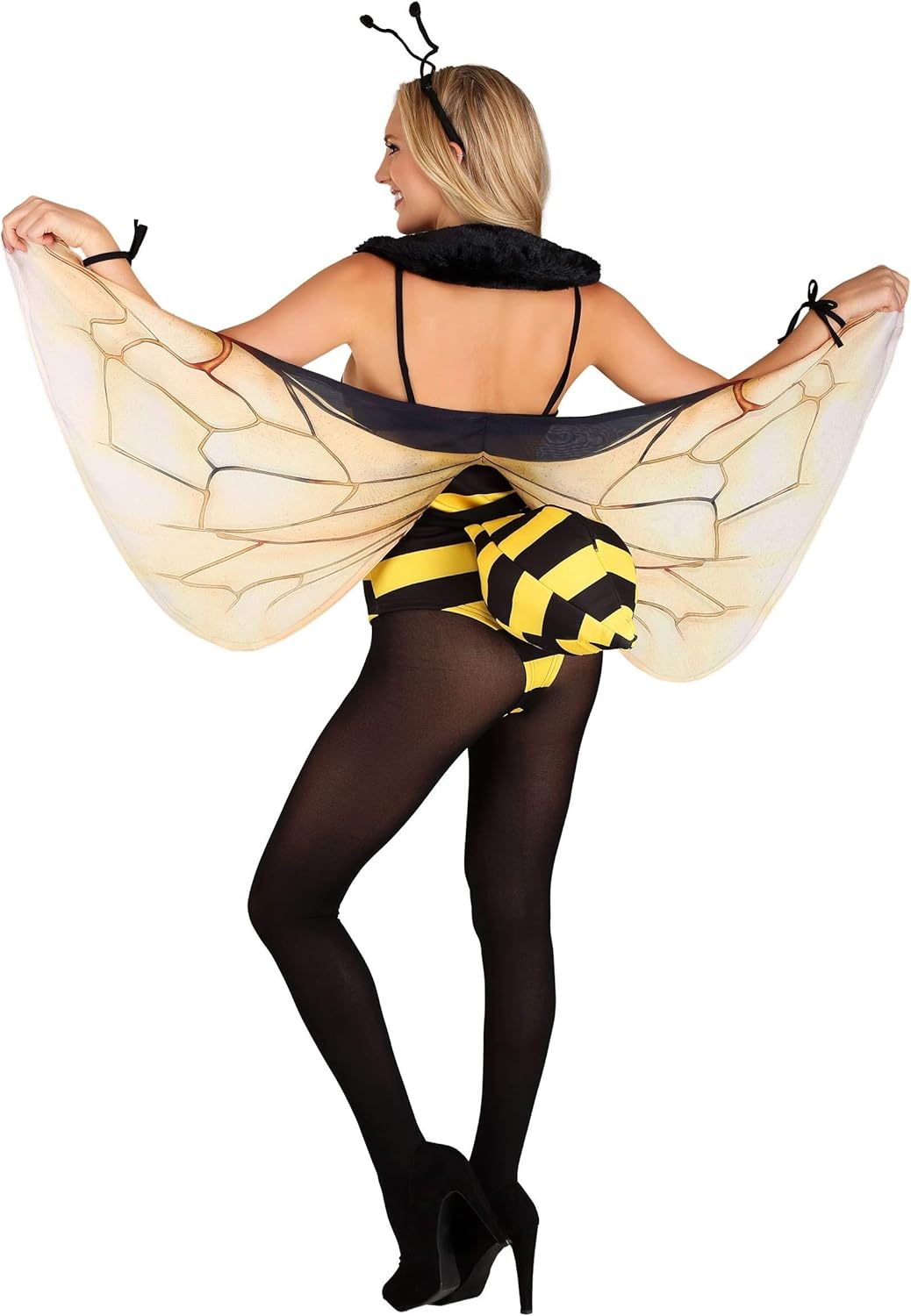 Womens Honey Bee Bodysuit Costume | Adult Yellow Bumblebee Halloween Costume with Wings, Headband, & Stinger - Image 4