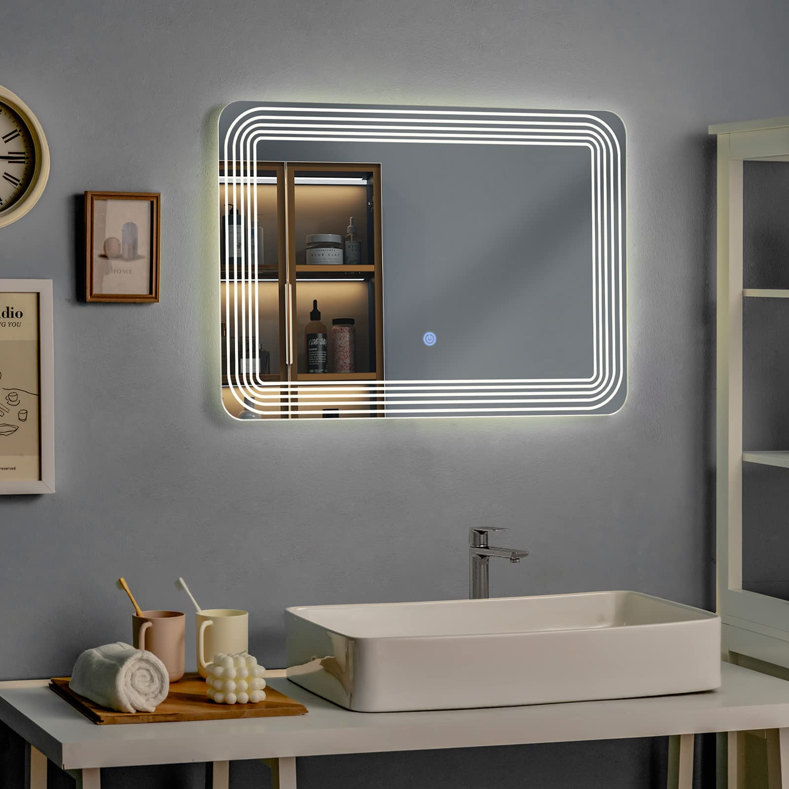 Tangkula Bathroom LED Mirror, Wall Mounted Makeup Vanity Mirror W/Smart Touch Button, Dimming Function & 3 Colors Warm/Cold/Neutral Light, Perfect for Bathroom, Dressing Room, 27.5” x 20”