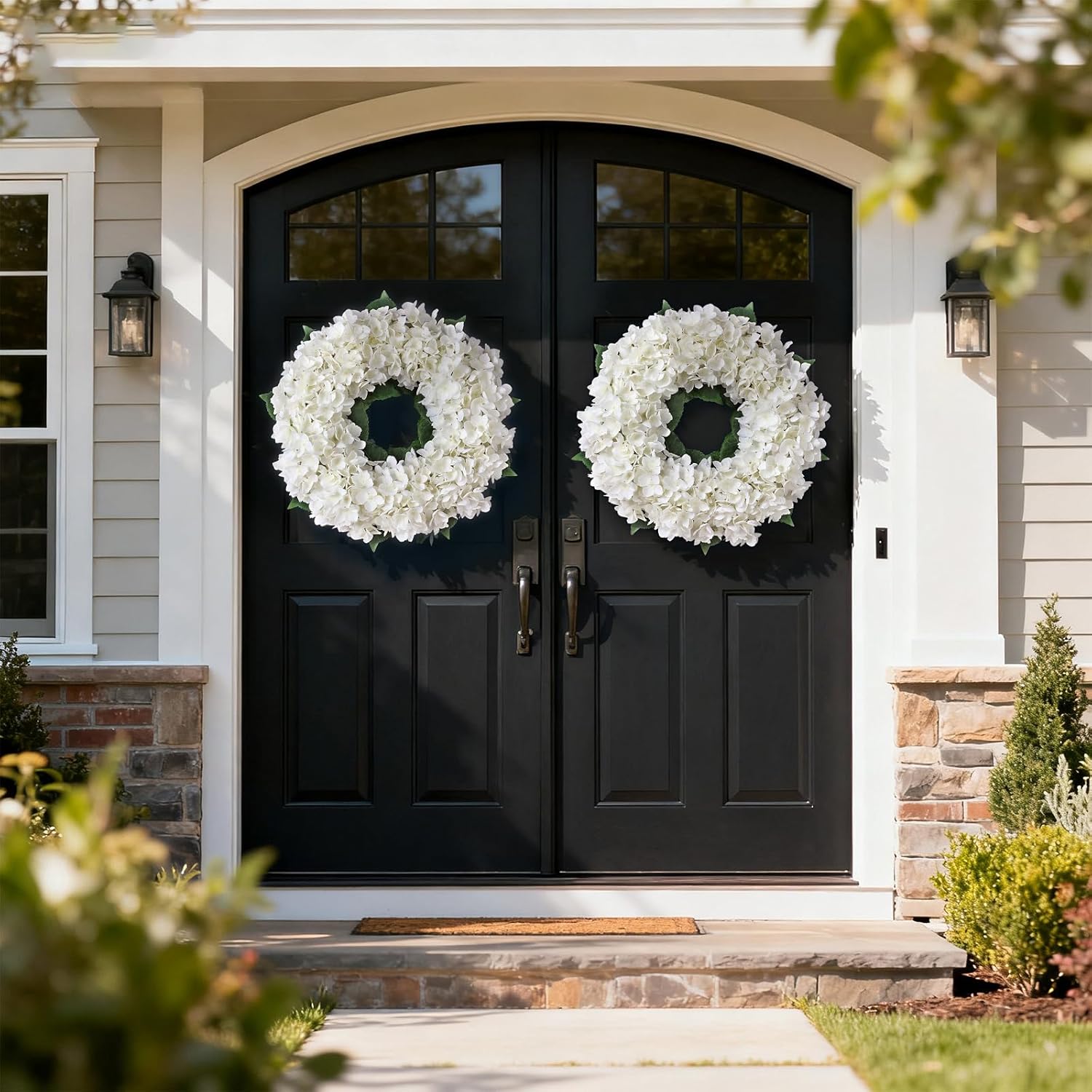Artificial Hydrangea Wreath for Front Door, 21" Spring Summer White Flower Wreath, Fuax Hydrangeas Leaves for Home Mantel Wall Farmhouse Decor
