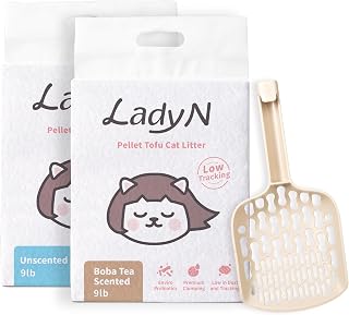 Lady N Ultimate Cat Litter Bundle: Pellets Tofu Cat Litter (Boba Combo) + Infinity Scoop, Dust-Free, Low Tracking, Odor Control, with Scoop Designed for Tofu Litter