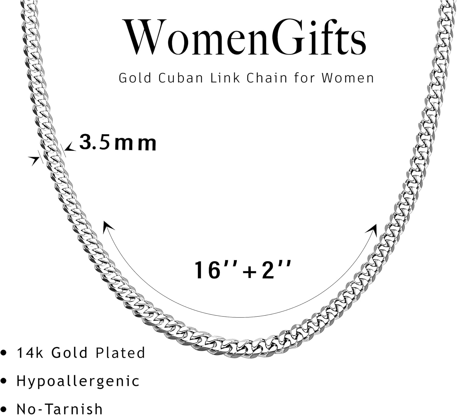 WomenGifts Cuban Link Chain Necklace for Women, Waterproof 14k Gold Silver Plated Chain Choker, Non Tarnish Stainless Steel Jewelry, 3.5/5/6/8/11mm,12.8/14/16/18 Inch Thin&Chunky&Thick image 3