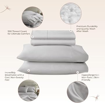100% Organic Cotton Sheets Twin Size - GOTS Certified Organic Bed Sheets with Deep Pocket 500 Thread Count and Cozy Sateen Weave Gets Softer with Each Wash - Luxury 3 Piece Set (Gray, Twin)