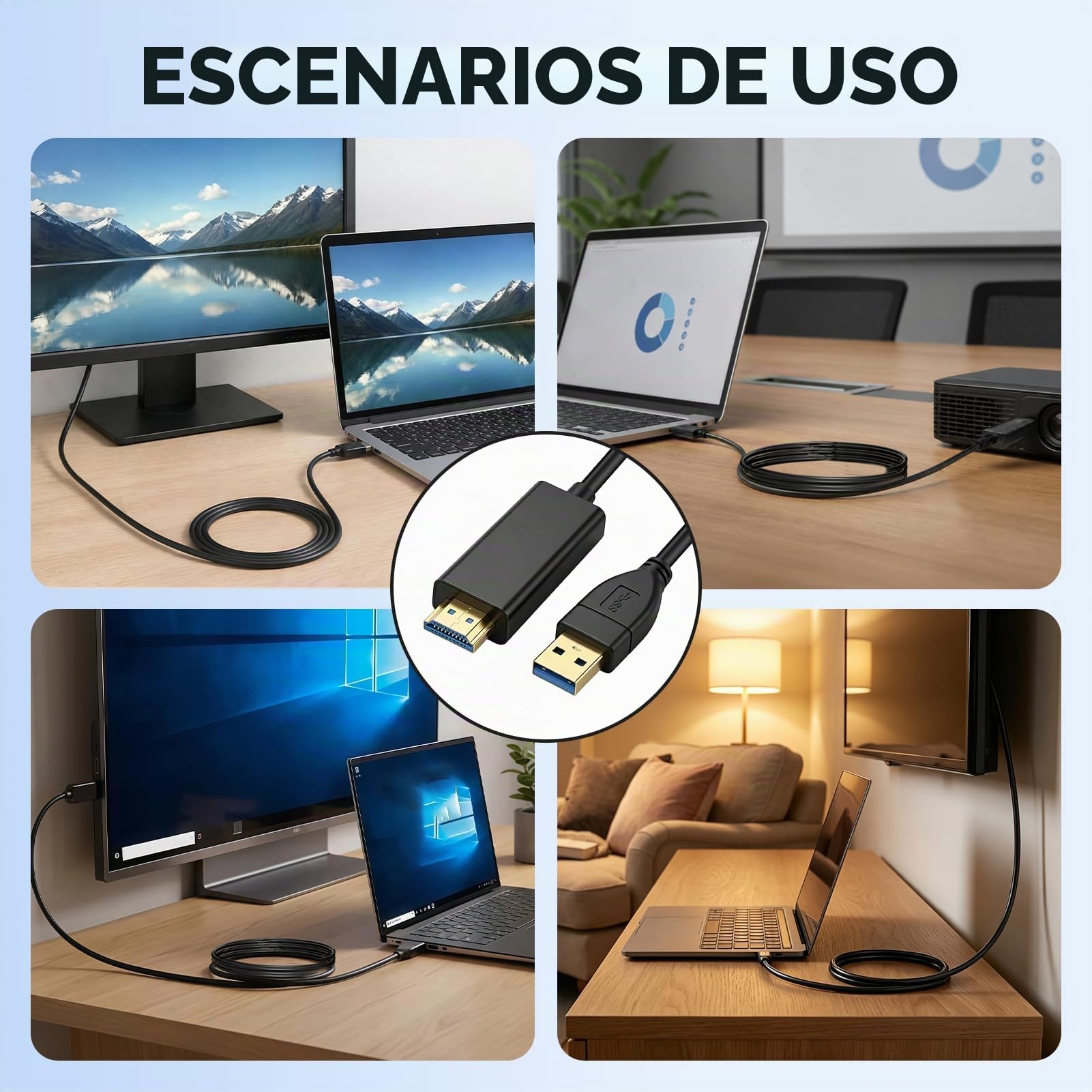 Cable USB 3.0 a HDMI, 1.8m USB 3.0/2.0 1080P a HDMI Macho Adaptador para PC HDTV Proyector Portátil, Compatible con Windows 11/10/8/7, MacOS
