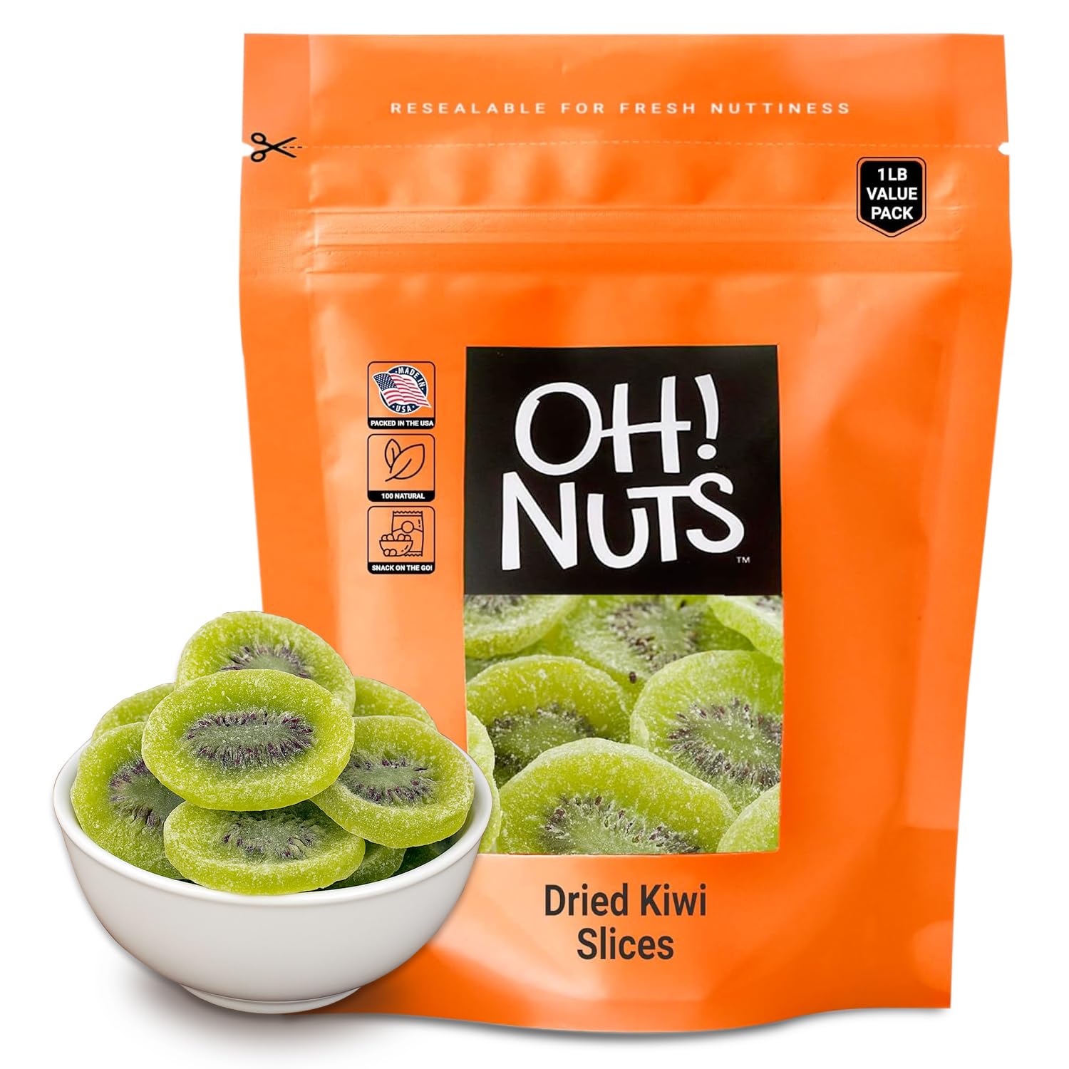 Oh! Nuts Dried Kiwi Fruit – Sweetened Kiwi Slices – 1 LB – Delicious Dried Kiwi Packed Fresh in New York Zip-Seal Bag