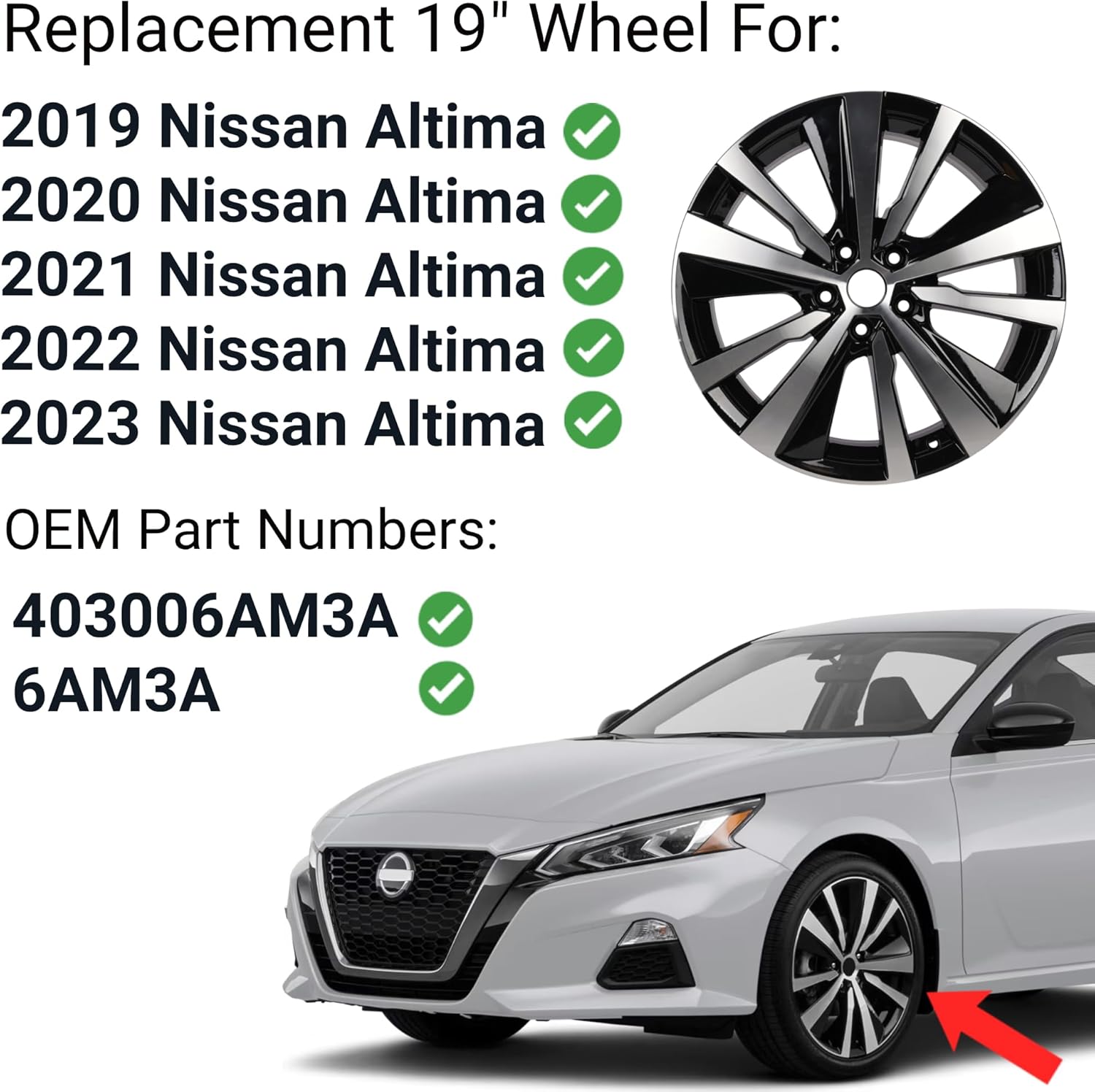 New Replacement 19 Inch Wheel For Nissan Altima Platinum SR SL SV S Edition ONE OEM Style Aluminum Alloy Rim for 2019 2020 2021 2022 2023 | 19x8" | Gloss Black w/Silver Finish - 403006AM3A 6AM3A