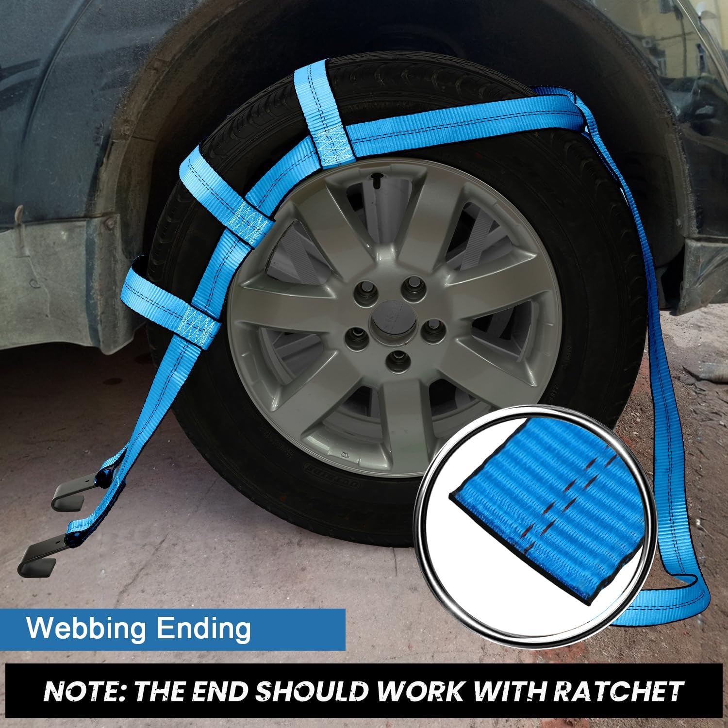 Tow Dolly Basket Straps with Flat Hook, 2 Pack Tow Dolly Strap Bonnet Net Fits 14"-19" Tires Wheels, 10,000 lbs Breaking Strength Heavy Duty Car Dolly Strap System, Waterproof Carrying Bag