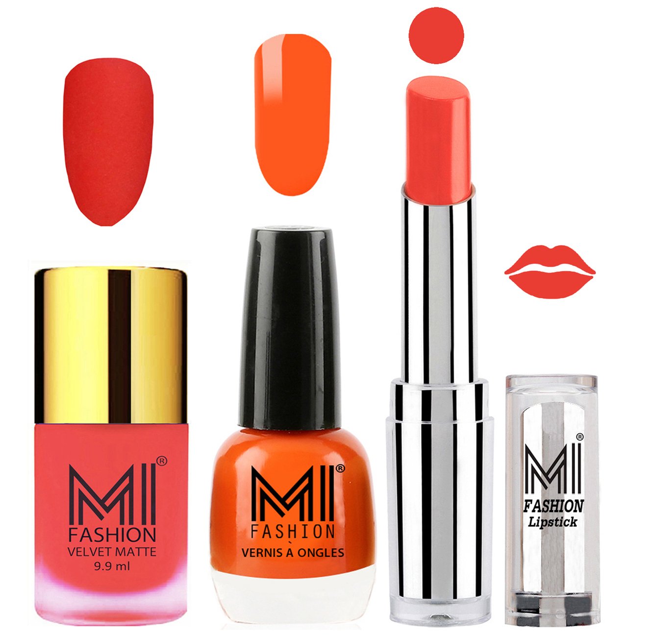 MI Fashion Nail Polish and Lipstick Combo - Neon Orange Matte Nail Polish Candy Coral Shine Nail Polish and Coral Glamour Lipstick Set of 3-image-33