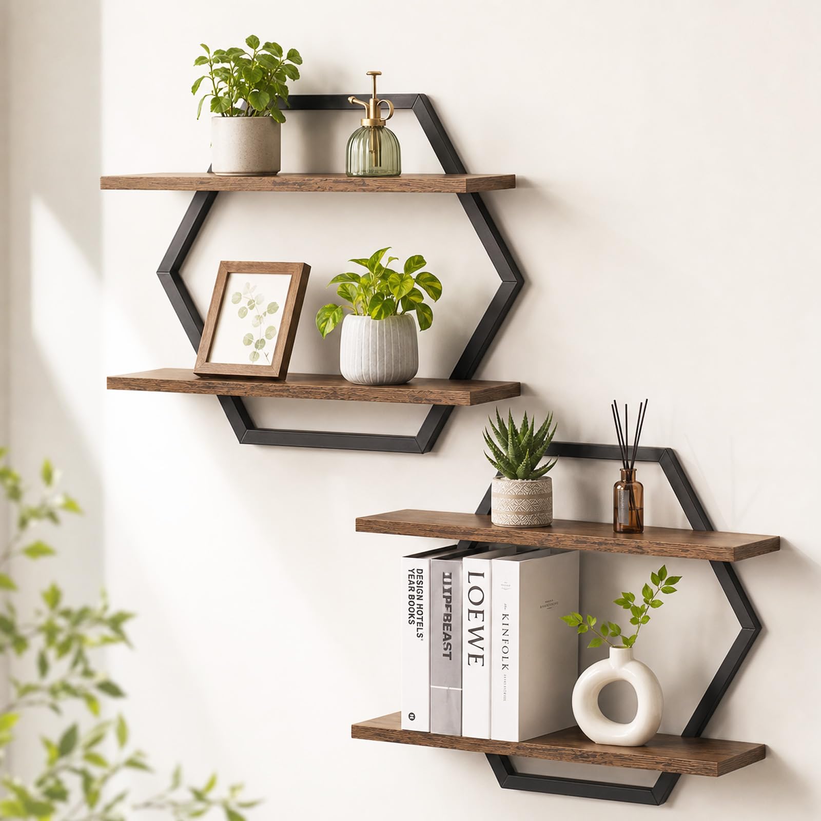 Mensole sospese da parete Set di 2 scaffali decorativi da parete, scaffali esagonali, librerie vintage, in legno e metallo, per soggiorno, cucina, ufficio