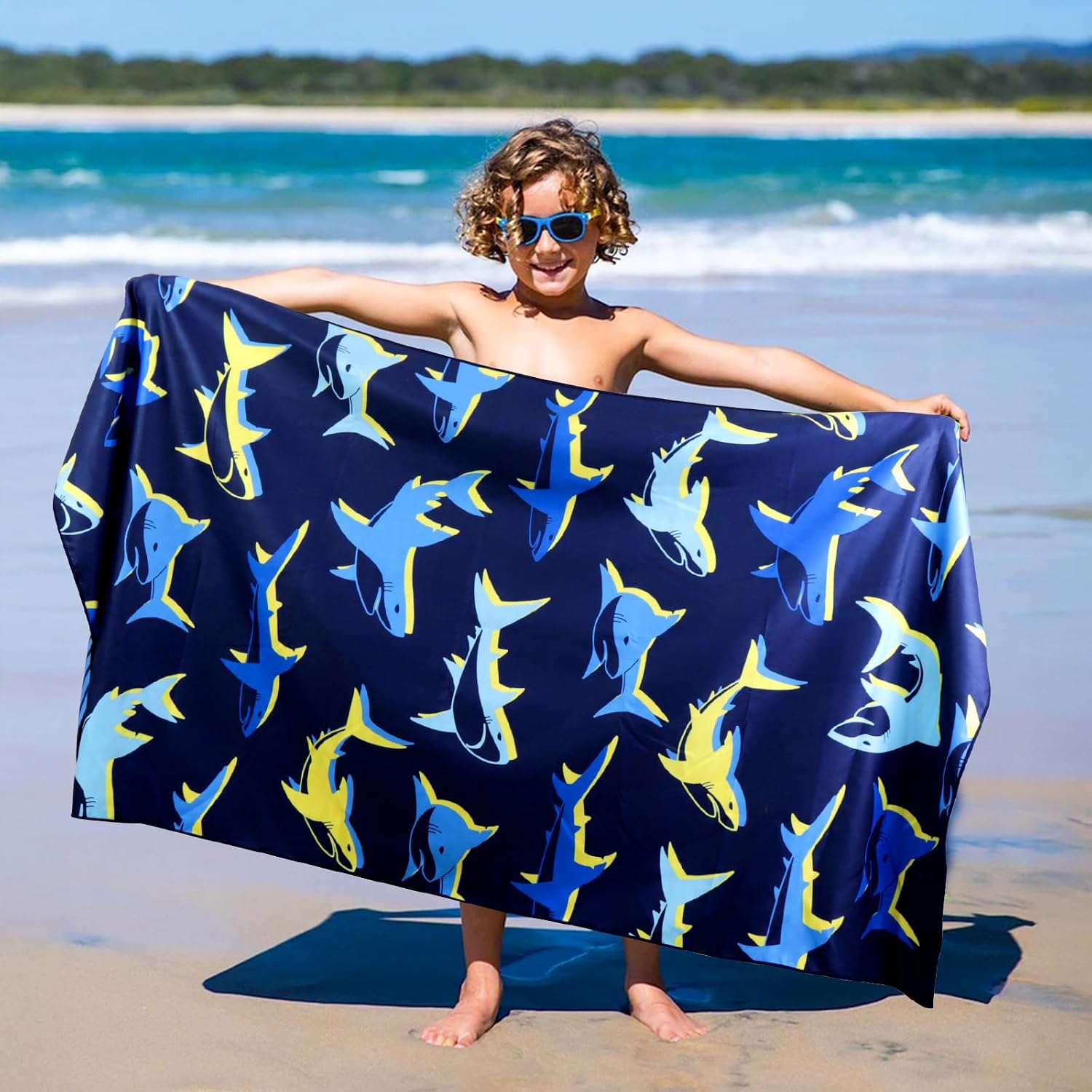 MelonBoat Large Microfiber Beach Towel: Bright Yellow Blue Shark Beach Towel for Travel, Quick Dry Sand Free, Lightweight Compact for Kids Trip Vacation Camping, 1 Pack