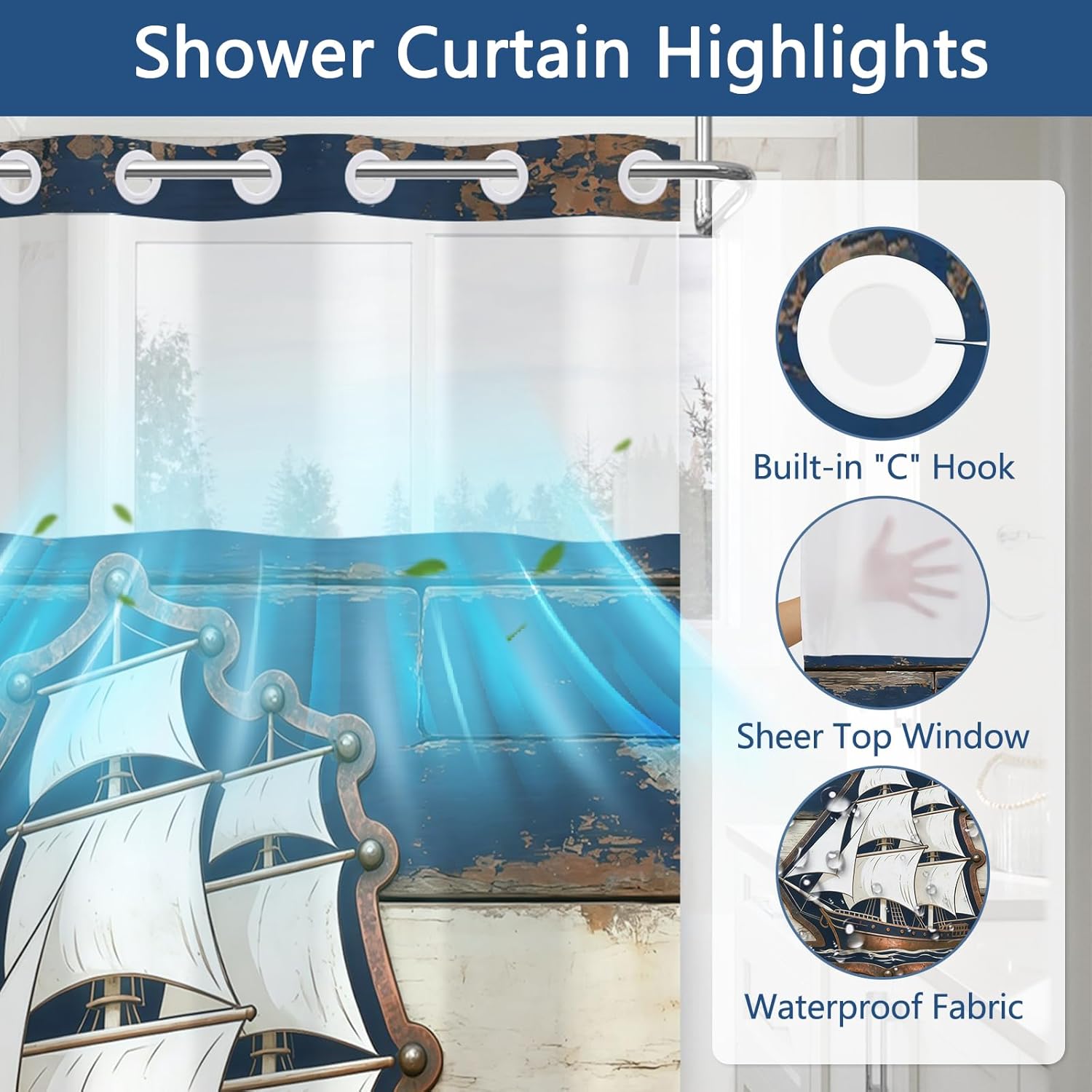 Shower Curtain and Liner Set, Vintage Nautical Sailboat Badge Shower Curtains for Bathroom, Double Layers Waterproof Fabric No Hook Shower Curtains with Sheer Top Window and Weighted Hem, 71x74 Inches