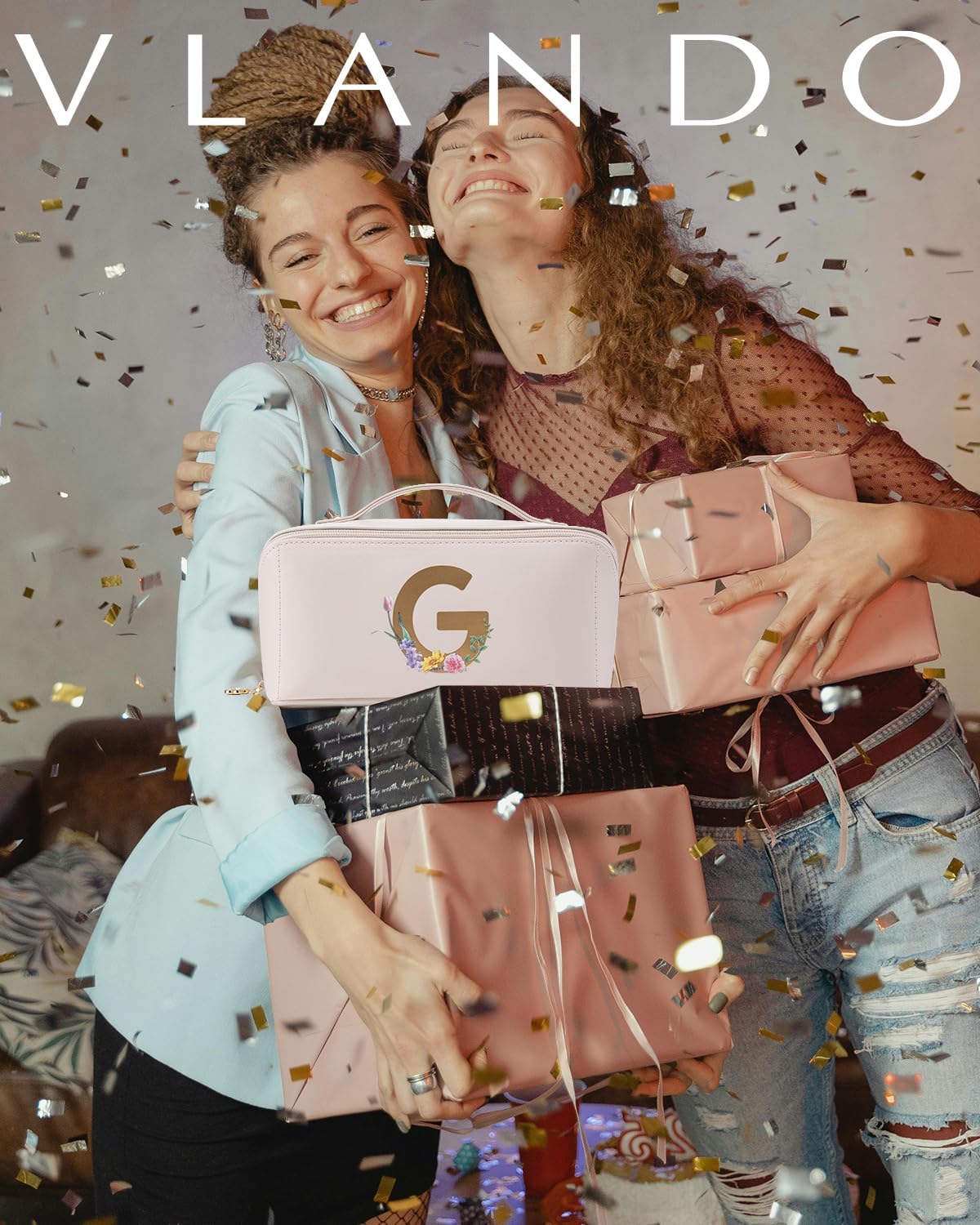 Vlando Bridesmaid Gift,Initial Makeup Bags for Women,Cosmetic Storage Bag with Zipper for Travel Essentials Birthday Wedding for Wife(Letter G) - Image 2