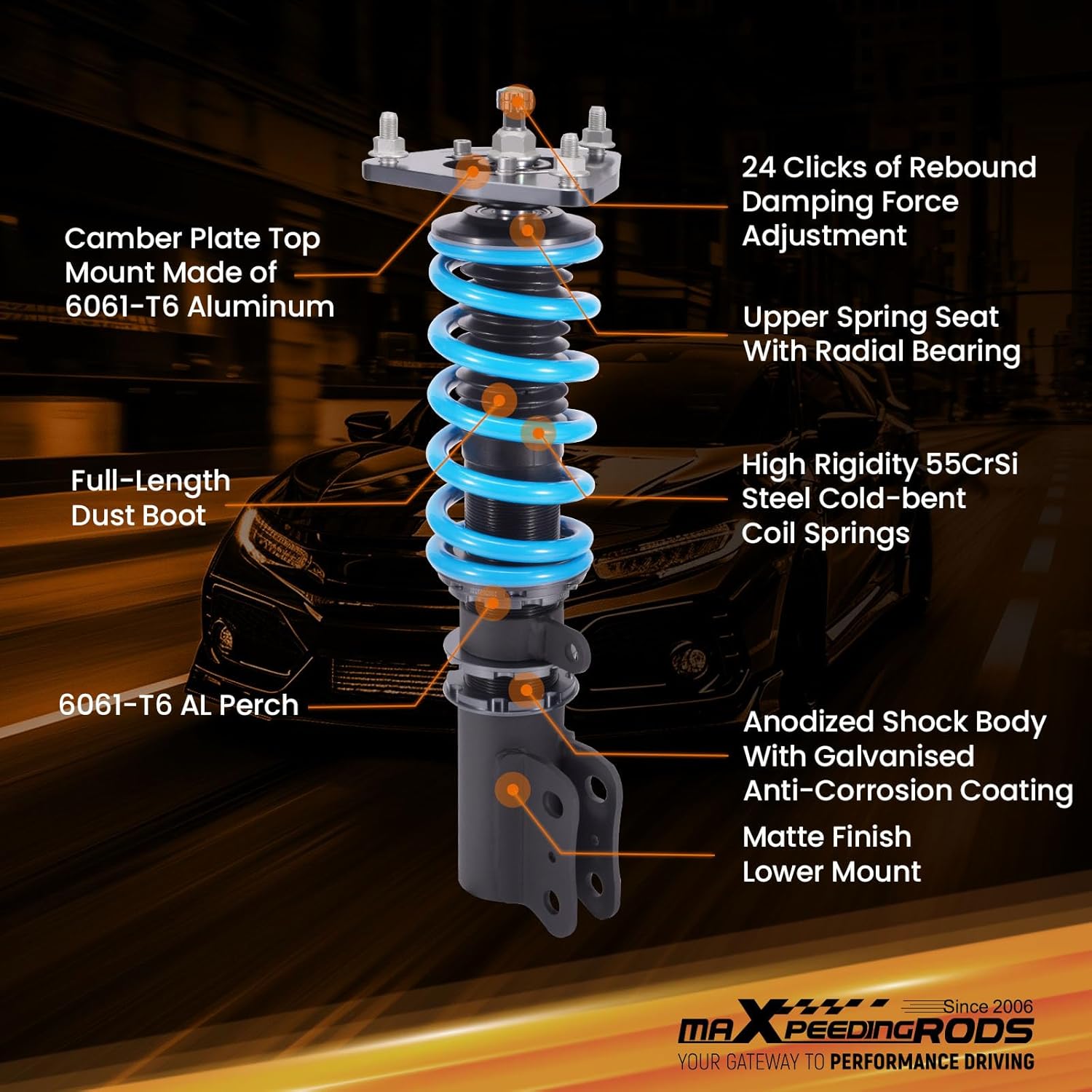 maXpeedingrods Coilover for Hyundai Elantra HD 2007-2010 Sedan Only, 24 Levels Damper Adjustable Coilovers Suspension Kit Strut, Height Adjustable T6 Upgraded Lowering Kits Blue