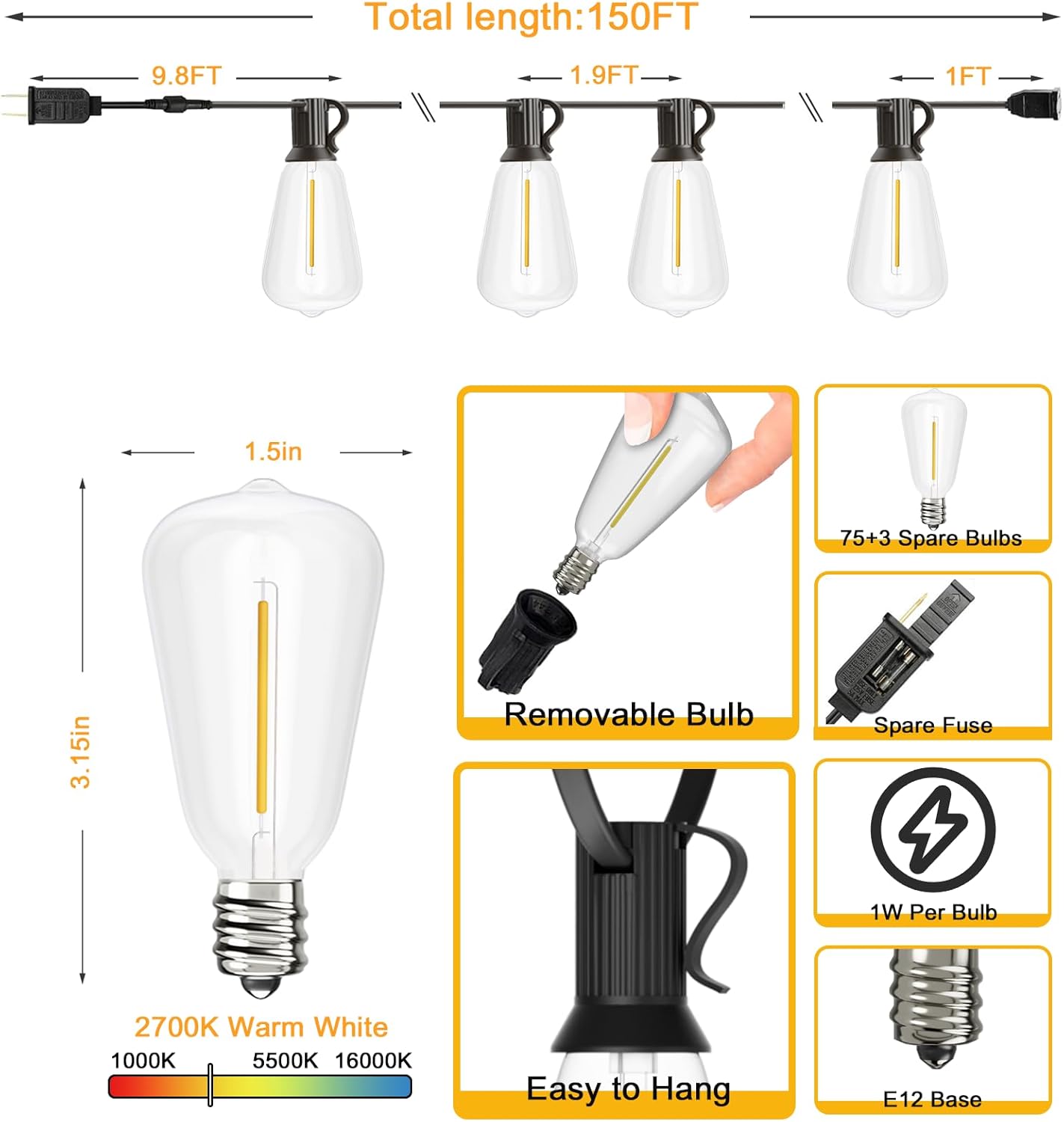 Diagram illustrating the dimensions, components, and easy hanging feature of Svater ST38 string lights.