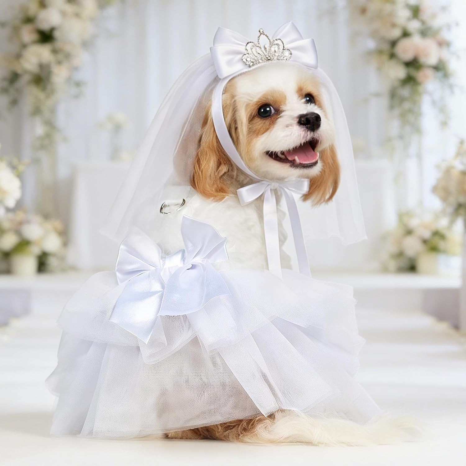 Vestido de Novia con Corona y Velo para Perro PUPTECK, Talla M, Blanco
