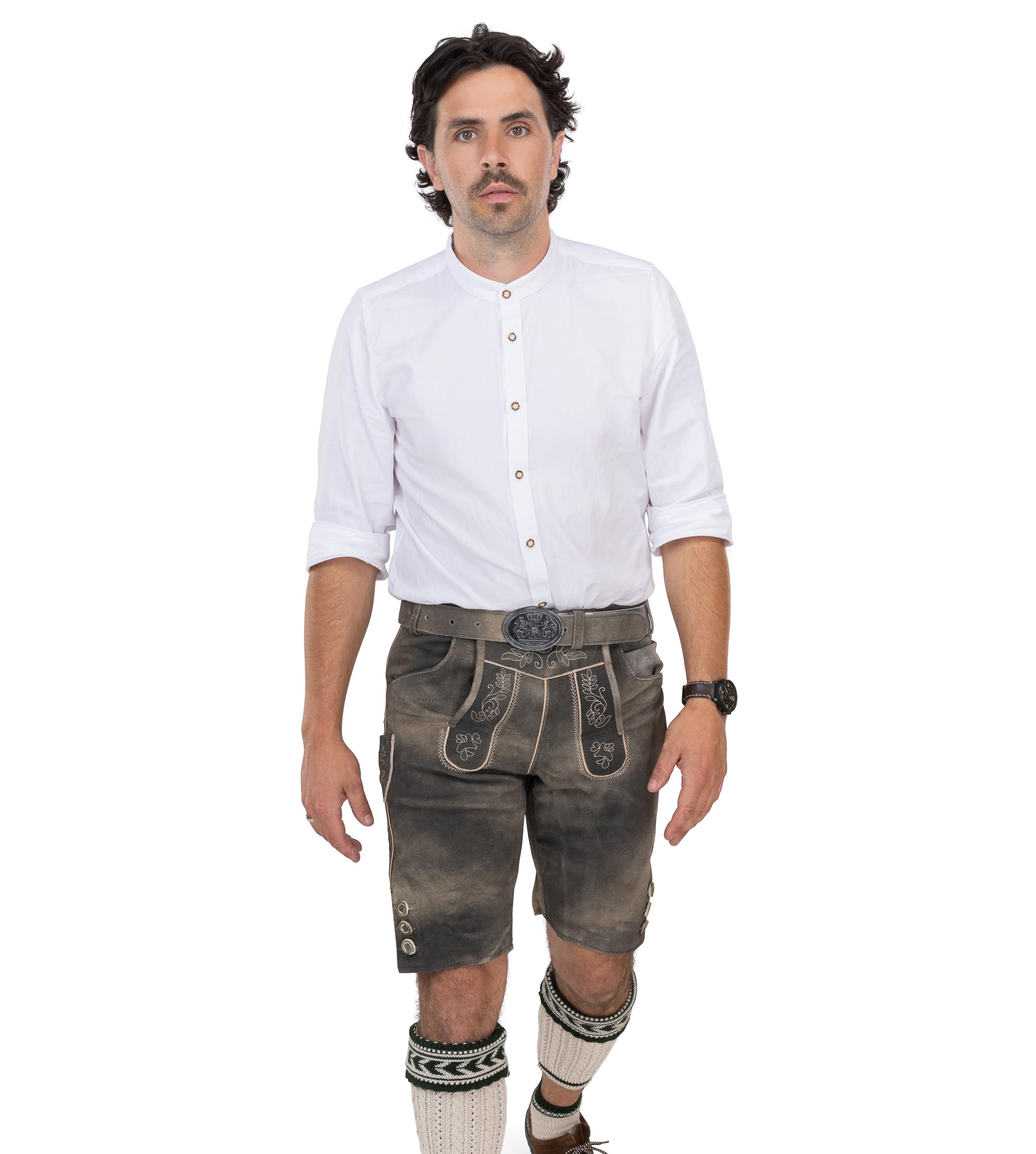 Schöneberger Trachten Couture Herren Lederhose kurz mit Trachtengürtel, Trachtenlederhose braun für Oktoberfest, Trachtenhose Starnberg