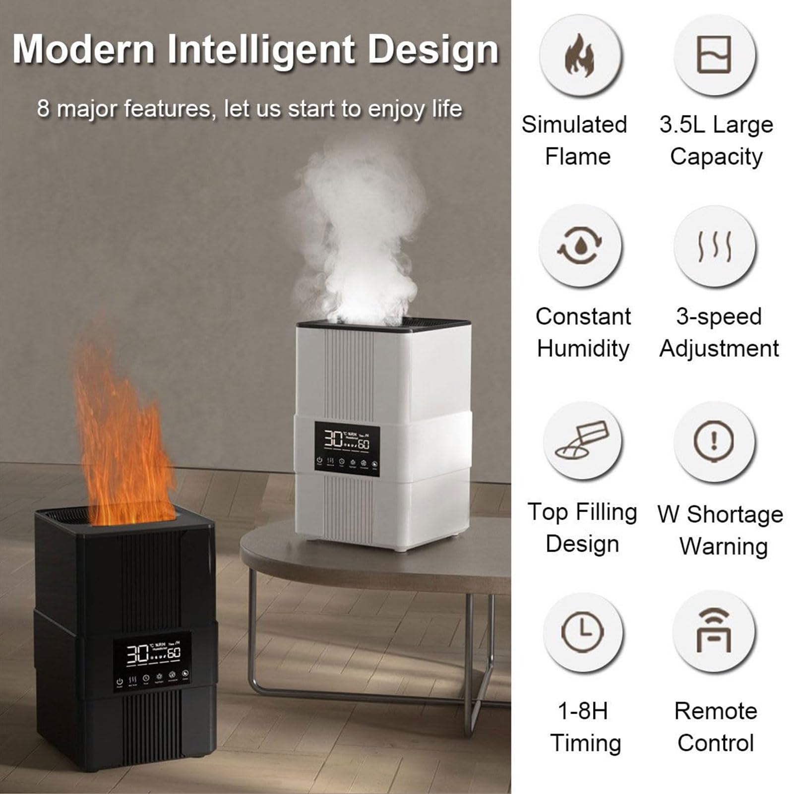 Diffusore di Oli Essenziali umidificatore a Fiamma, diffusore di aromaterapia Intelligente con modalità Nebbia Regolabile e Timer 8 Ore, Telecomando, spegnimento Automatico Senza Acqua White
