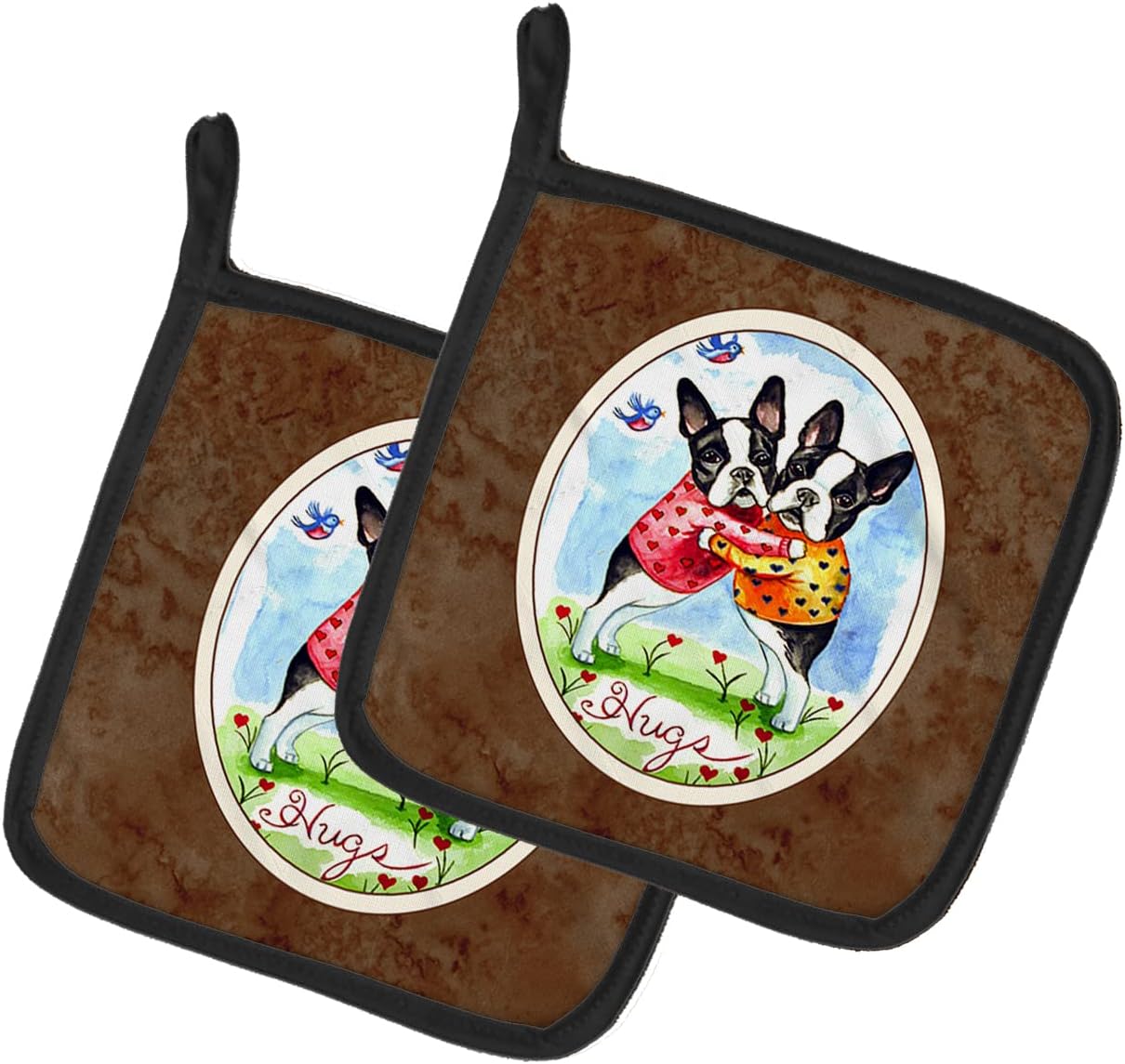 Caroline's Treasures 7015PTHD Hugs Boston Terrier Pair of Pot Holders Kitchen Heat Resistant Pot Holders Sets Oven Hot Pads for Cooking Baking BBQ, 7 1/2 x 7 1/2