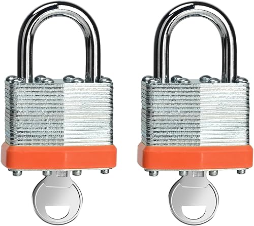 Miniatura 1 de LQYN Candado laminado con llave (1-916 pulgadas, 1.575 in), cerraduras iguales con llave, aro naranja, grillete normal, paquete de 2, cerradura para
