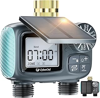Programador de Riego Solar CyberOrd de 2 Zonas, Temporizador de Riego con Carga Solar, Sistema de Riego Automático con Modos Automático/Manual/Retraso por Lluvia para Césped/Ppatio/Jardín