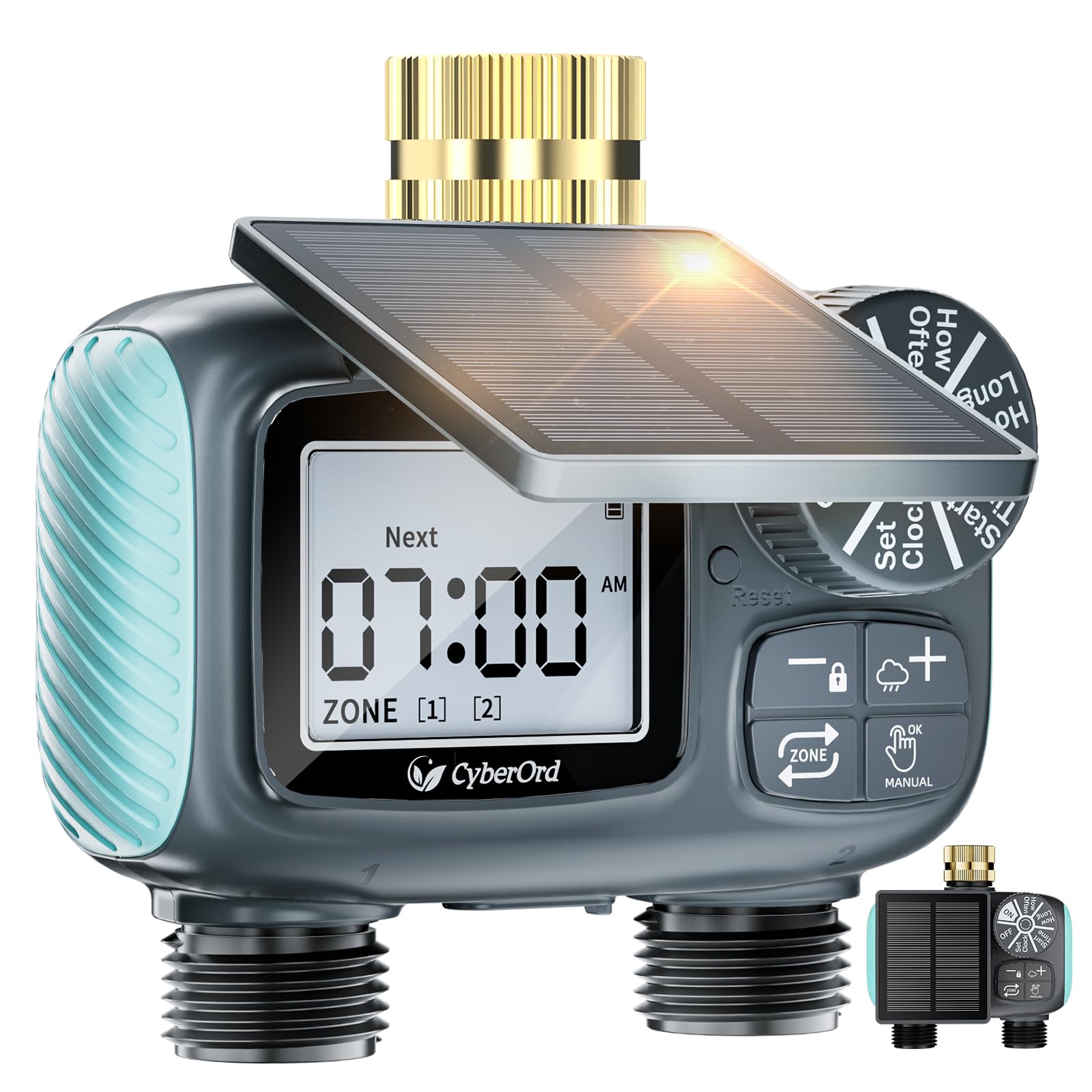 Cyberord Grey 2 Zone Solar Water Timer, Hose Timer With Solar Charging, Sprinkler Timers With Auto/Manual/Rain Delay Modes, Watering Timers Irrigation System For Lawn/Patio/Garden