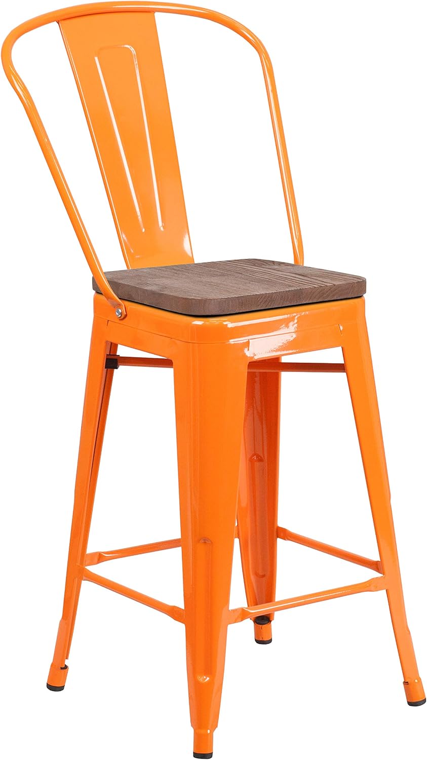 Taylor + Logan 24 Inch High Metal Counter Height Stool with Back and Wood Seat, Set of 4, Orange