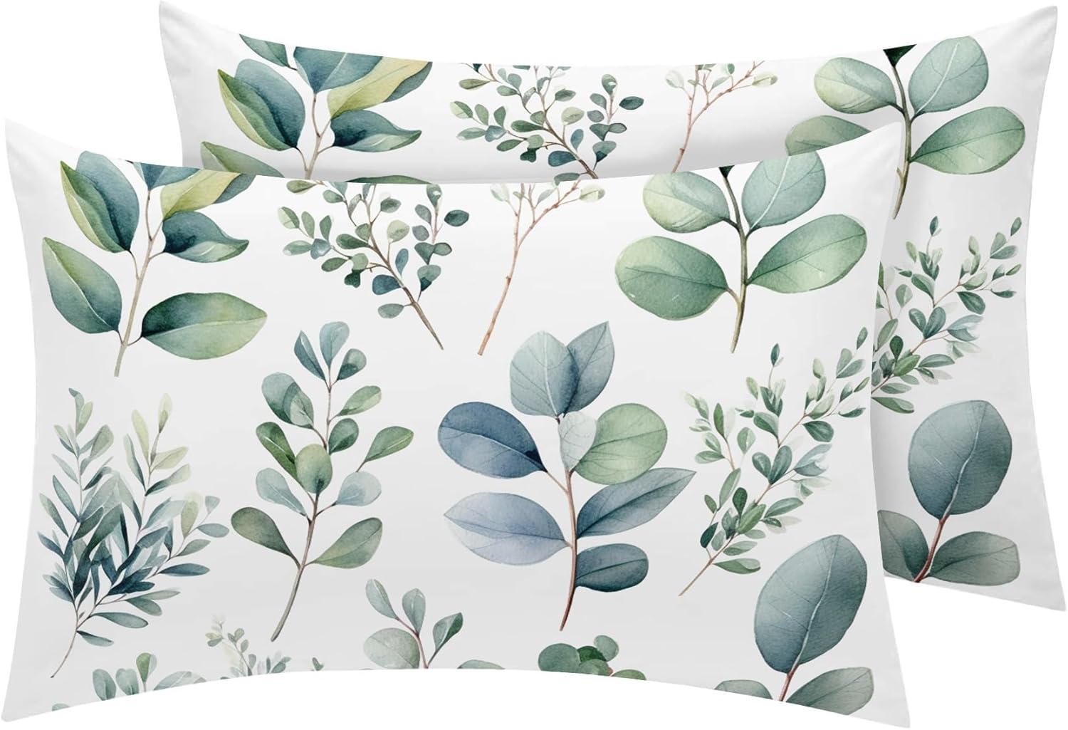 Eucalyptus Leaf Pillow Cases King Size Set of 2 - Soft Breathable Microfiber Pillowcases with Envelope Closure, Green Leaves Botanical Patterned Pillow Covers, Eucalyptus Leaf Decor