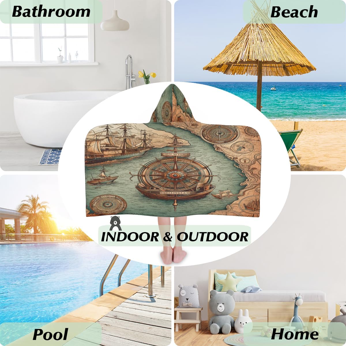 Pardick Vintage Compass Kids Bath Towel Beach Towel with Hood Pool Cover Up for Girls Boys Soft Absorbent Hooded Bath Towel Toddler Towels for Beach, Pool