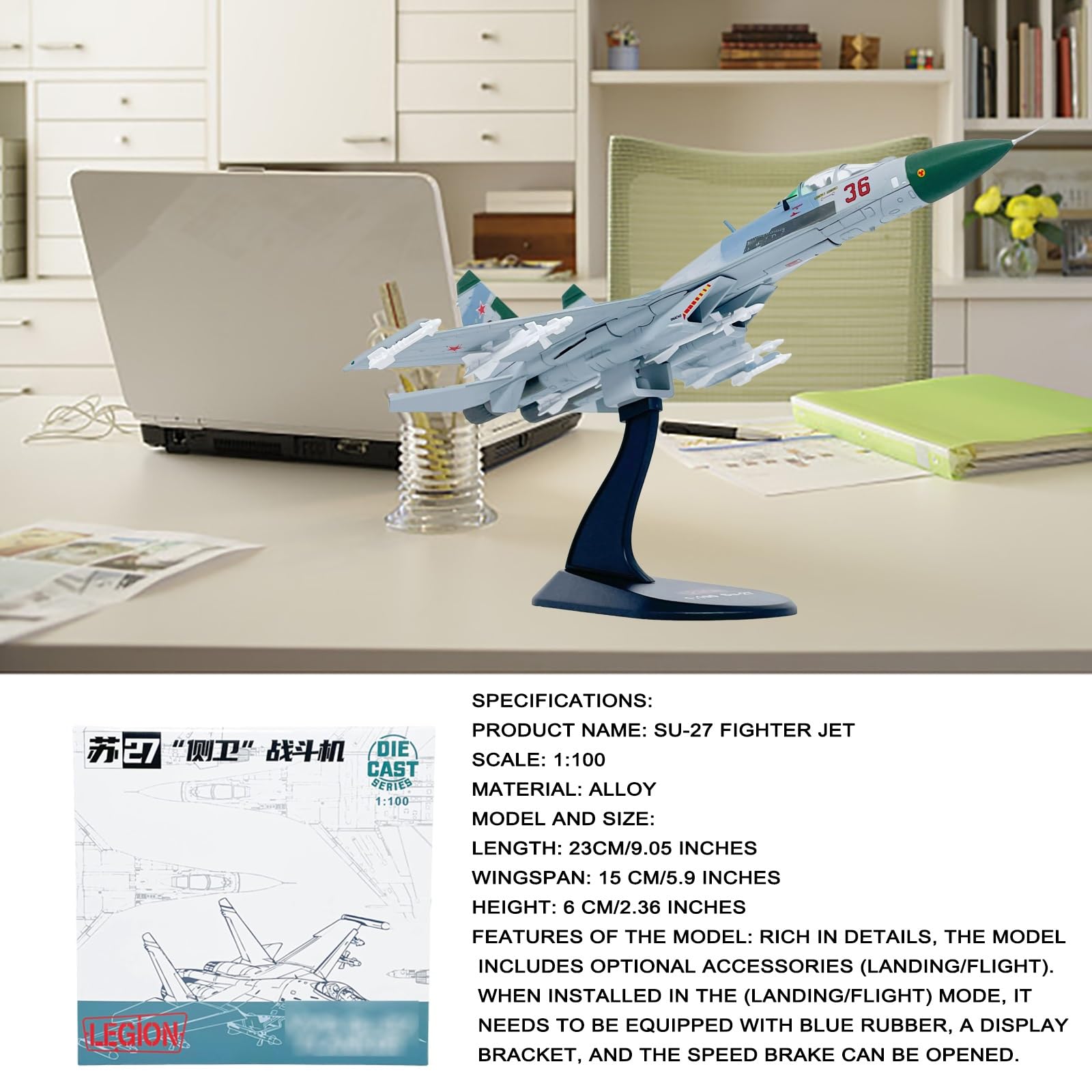 Caccia russo SU-27 in scala 1:100, modello aereo caccia militare lega pressofusa, aereo preassemblato collezione con espositore, decorazione realistica for desktop, for adulti, appassionati