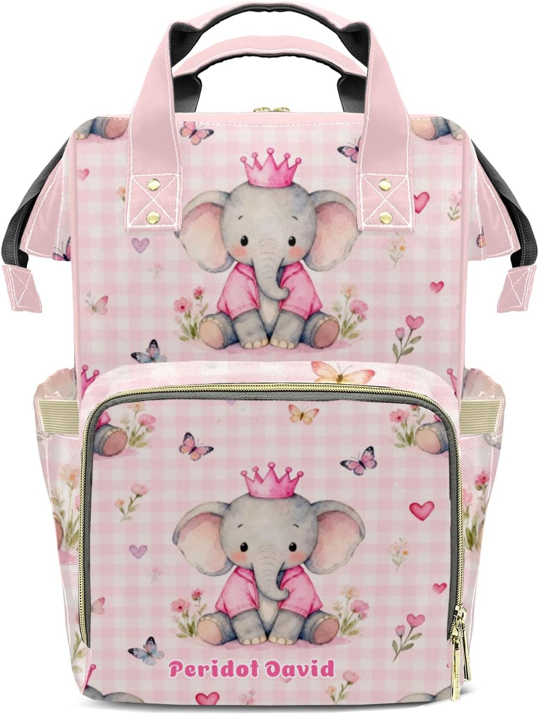 Personalized Diaper Bag Cute Princess Elephant Pink Nursing Baby Bags Nappy Bag with Name Casual Travel Nappy Backpack with Thermal Pockets Customized