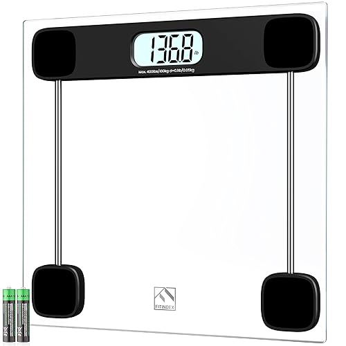 FITINDEX Báscula de baño para peso corporal, báscula digital transparente con pantalla LCD grande, sensores de alta precisión, vidrio templado