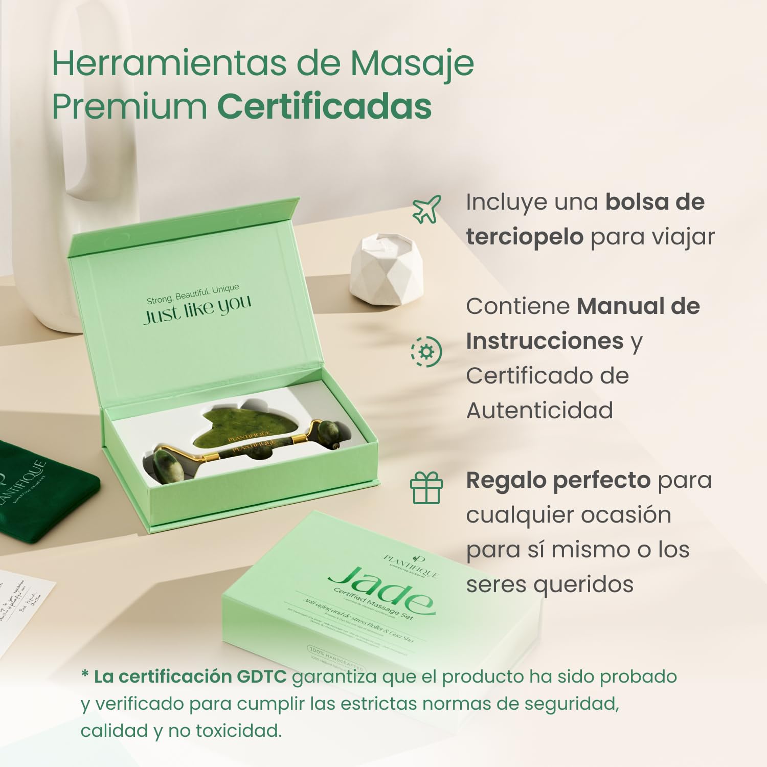 PLANTIFIQUE Gua Sha y Rodillo Facial de Jade - Masajeador Facial Antiarrugas para Tonificar la Piel - Face Roller - Rodillo Masaje y Guasha de Piedra Jade Auténtico — view 6