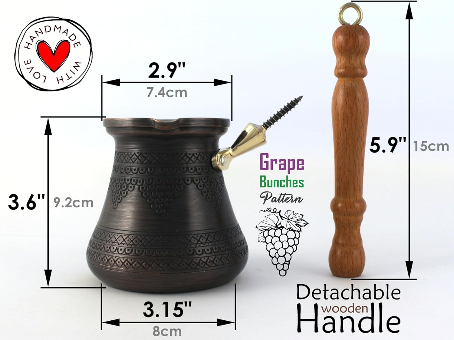 PCZ Series (Large-14fl.oz) - Thickest Solid Copper Engraved/Hammered Turkish Greek Arabic Coffee Pot with Wooden Handle, Stovetop Coffee Maker Cezve Jezve Jazva Ibrik Briki (Antique)